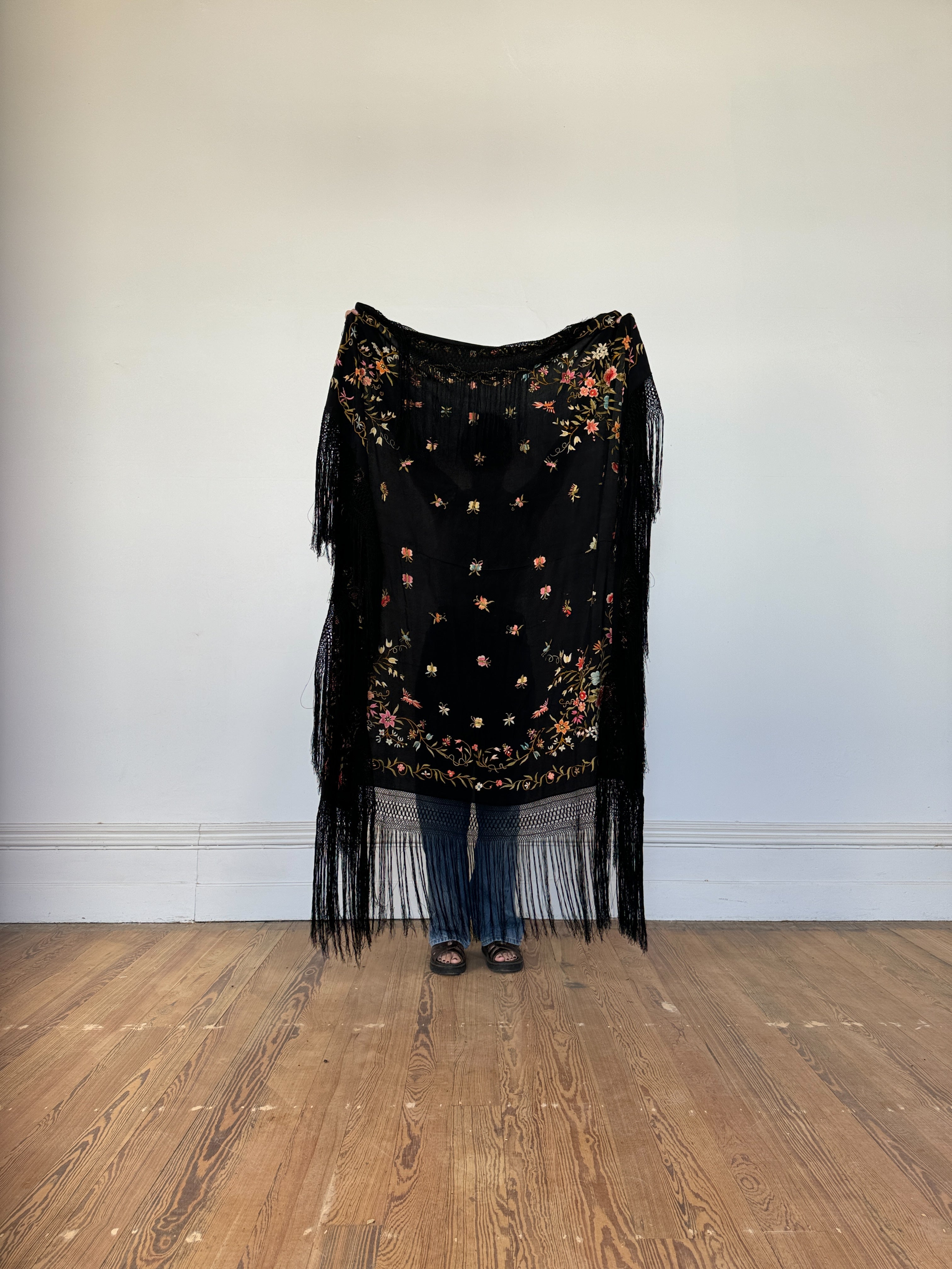 Vintage 70s Giant Embroidered Fringe Shawl