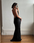 Vintage 90s Pure Silk Bias Cut Embroidered Backless Dress Charcoal