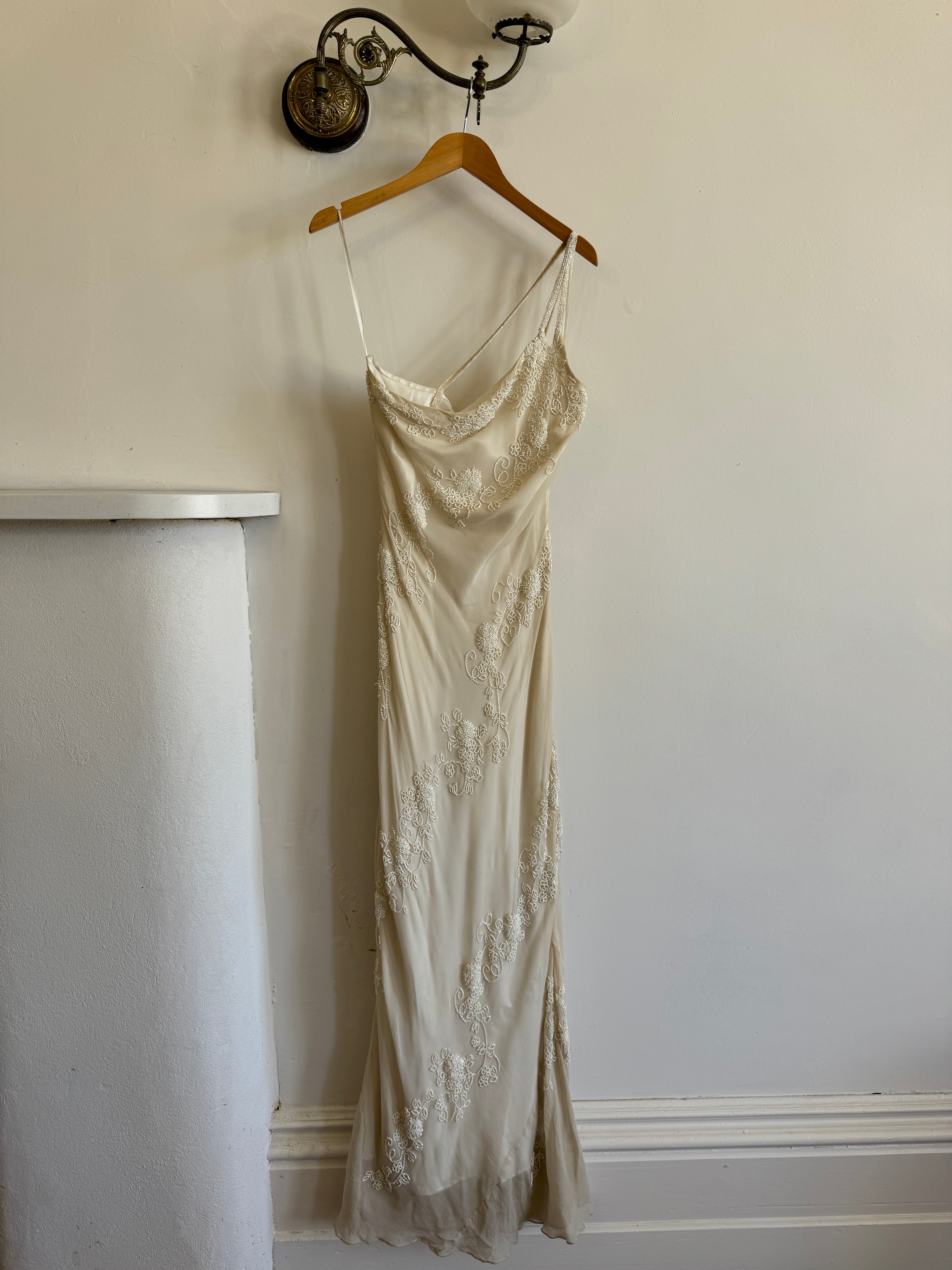 Vintage 90s Pure Silk One Shoulder Bias Cut Beaded Gown Ivory