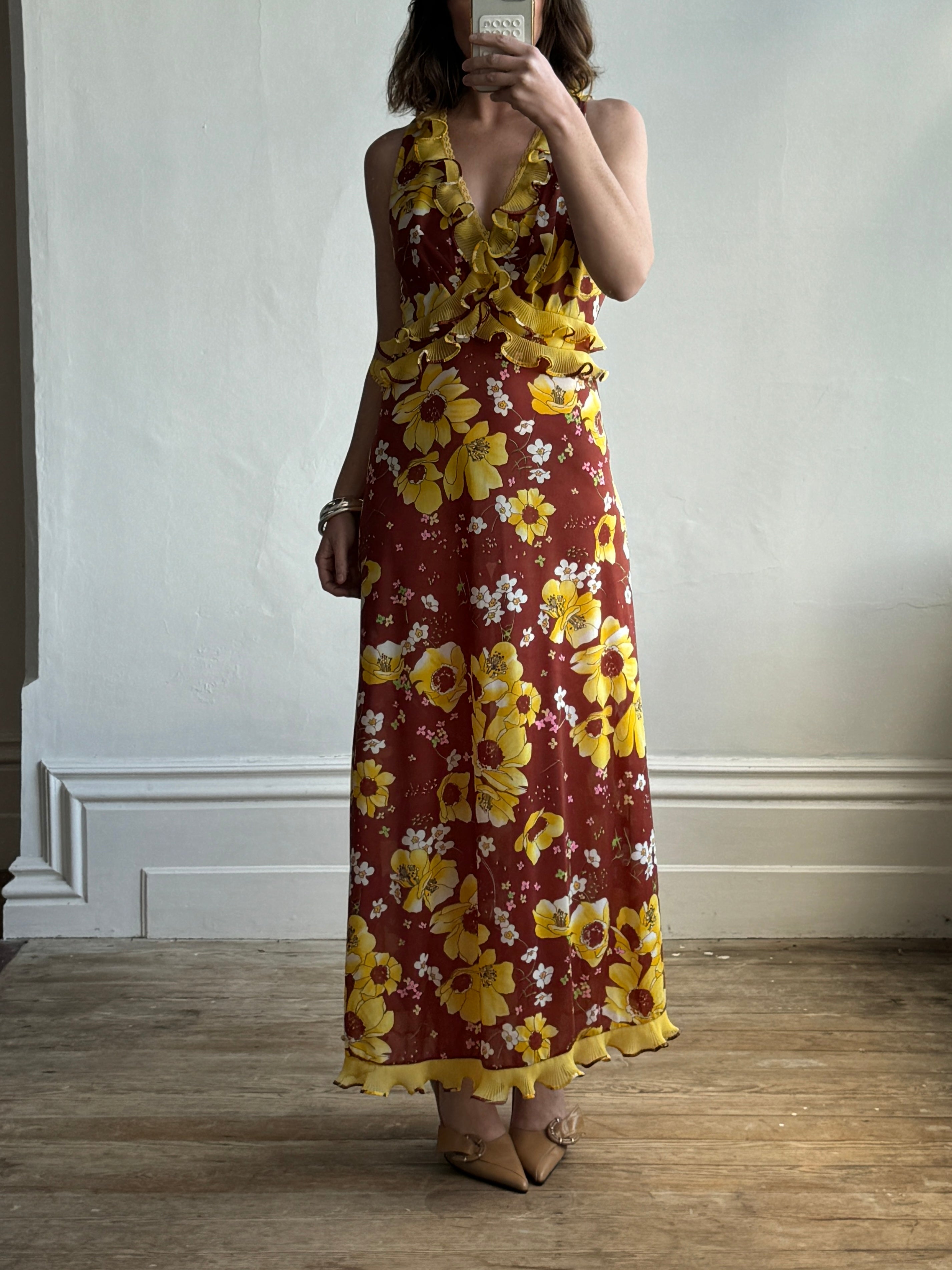 Vintage Italian Floral Ruffle Maxi Dress