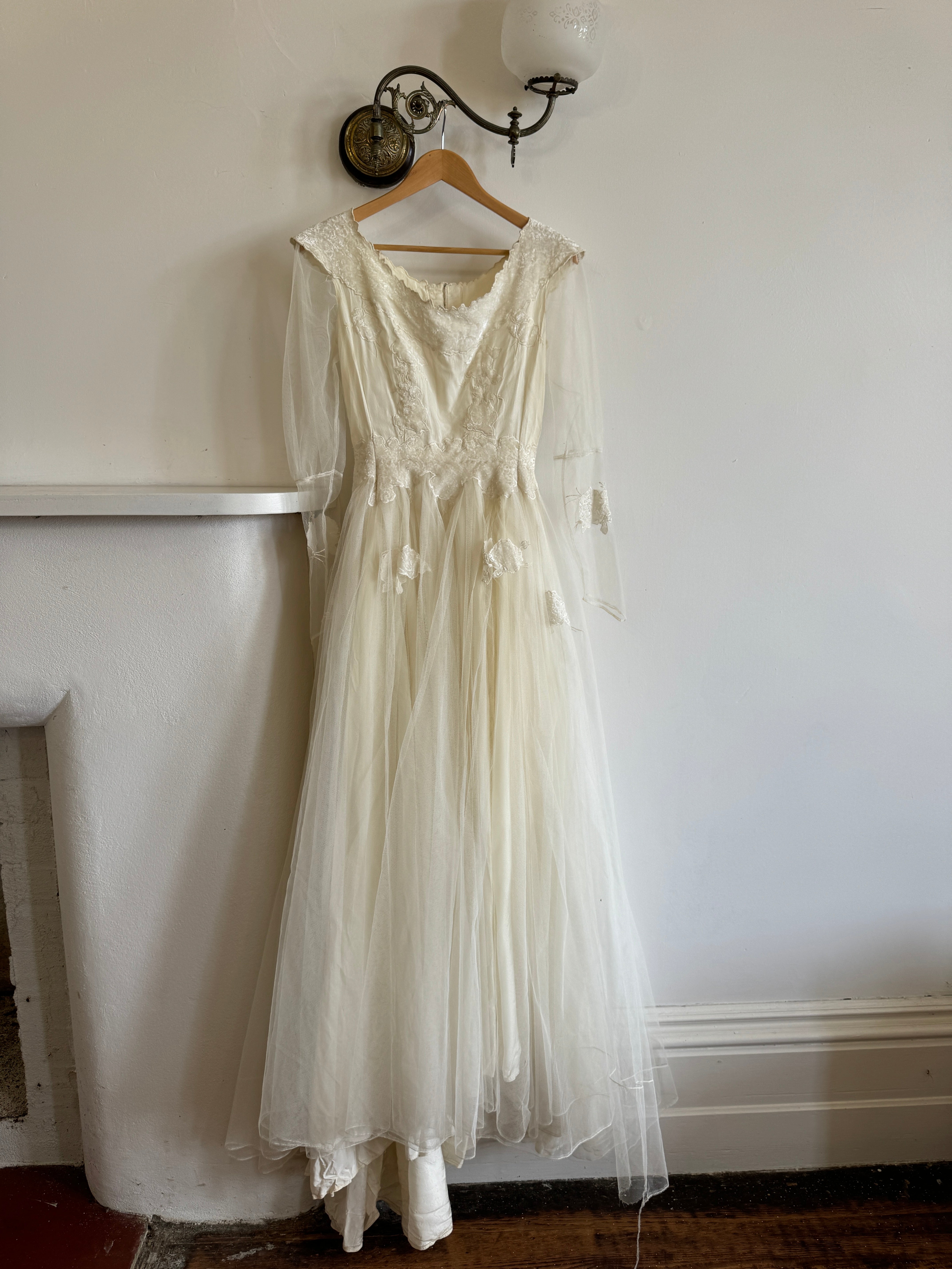 Vintage 70s Tulle and Velvet Long Sleeved Wedding Dress