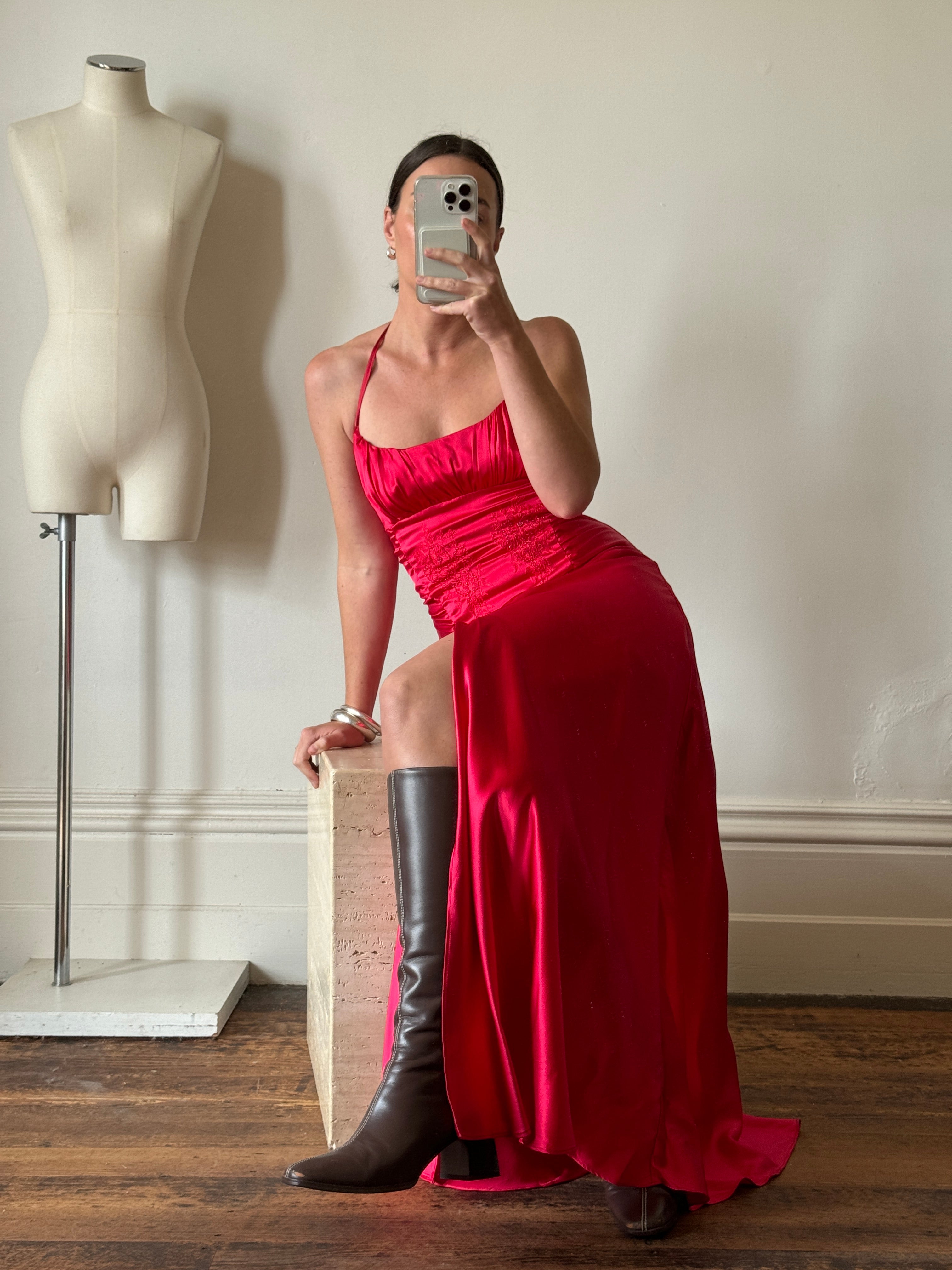 Vintage 90s Pure Silk Beaded Halter Gown Lipstick Red