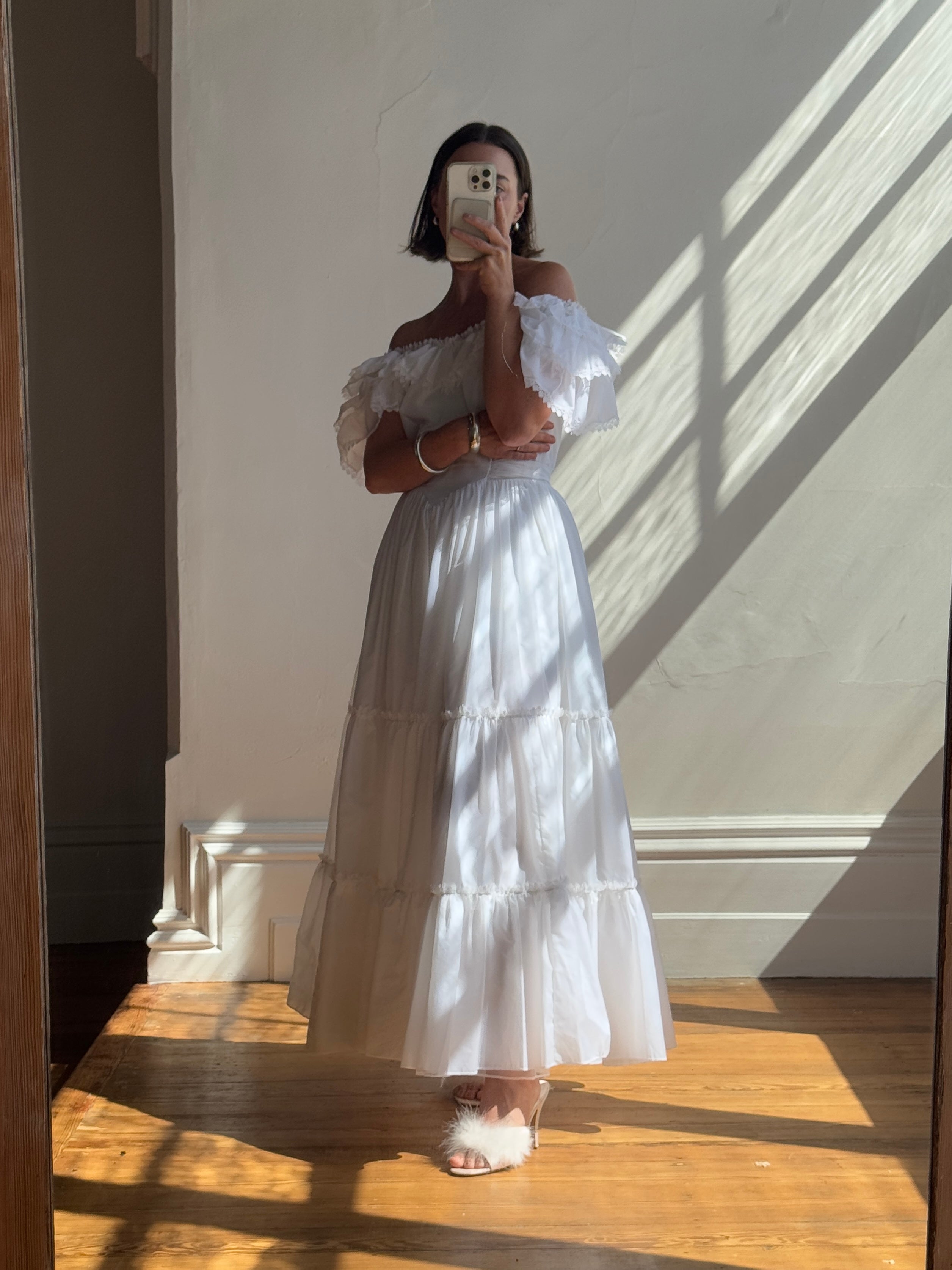 Vintage 70s Ruffled Tie Waist Wedding Dress