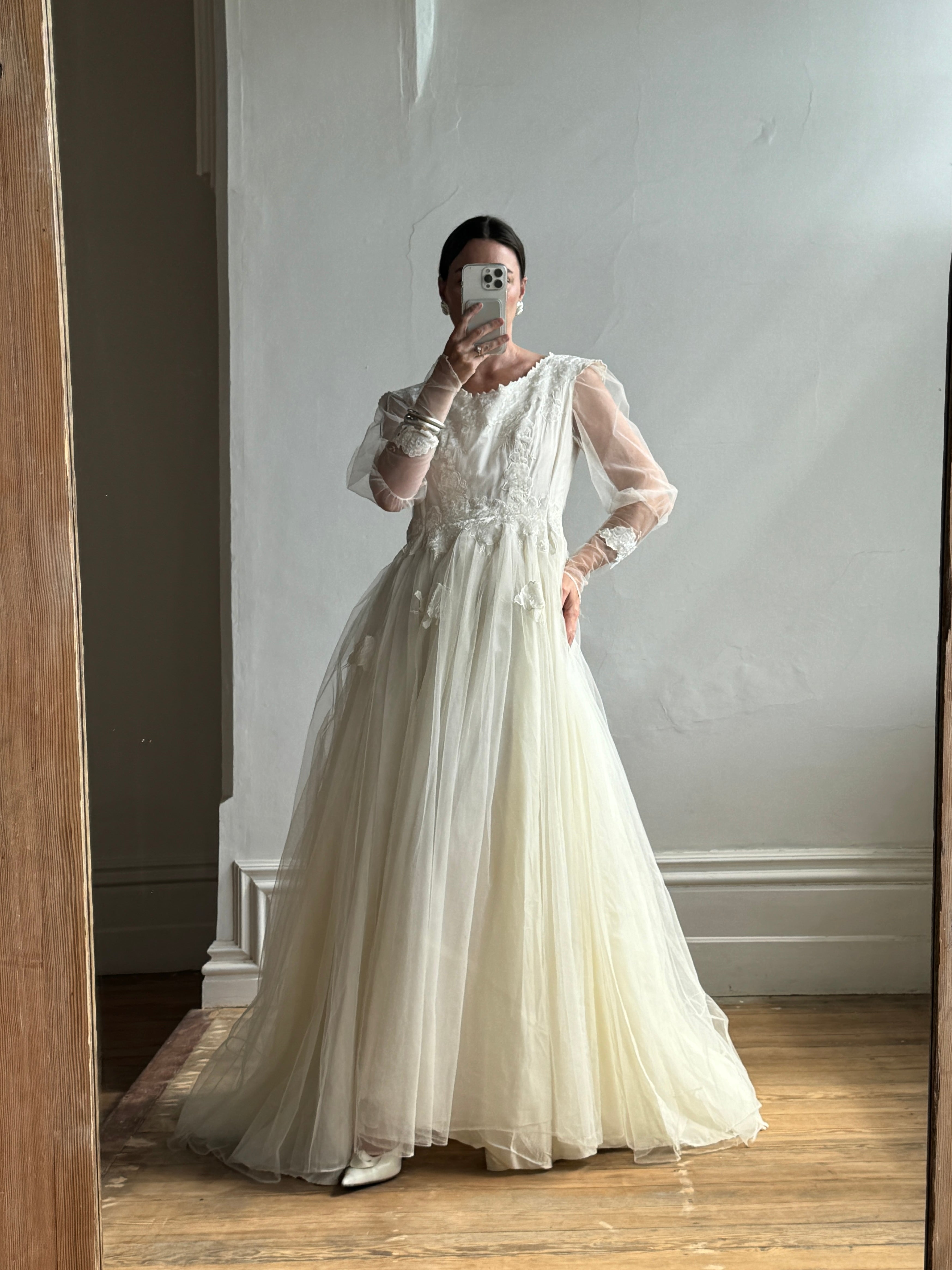 Vintage 70s Tulle and Velvet Long Sleeved Wedding Dress