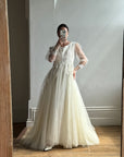 Vintage 70s Tulle and Velvet Long Sleeved Wedding Dress