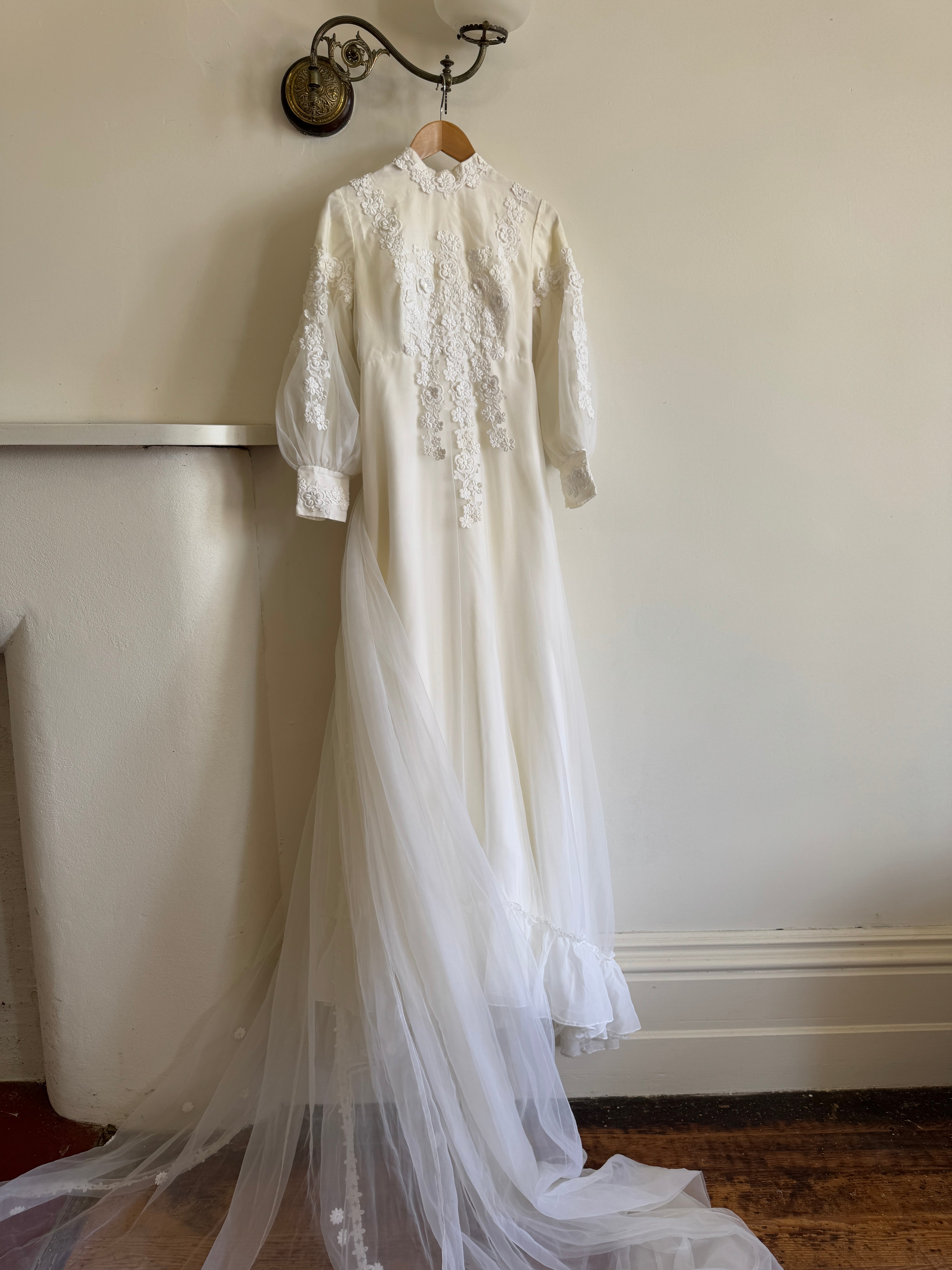 Vintage 60s Chiffon Floral Applique Wedding Gown with Sheer Daisy Train