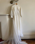 Vintage 60s Chiffon Floral Applique Wedding Gown with Sheer Daisy Train