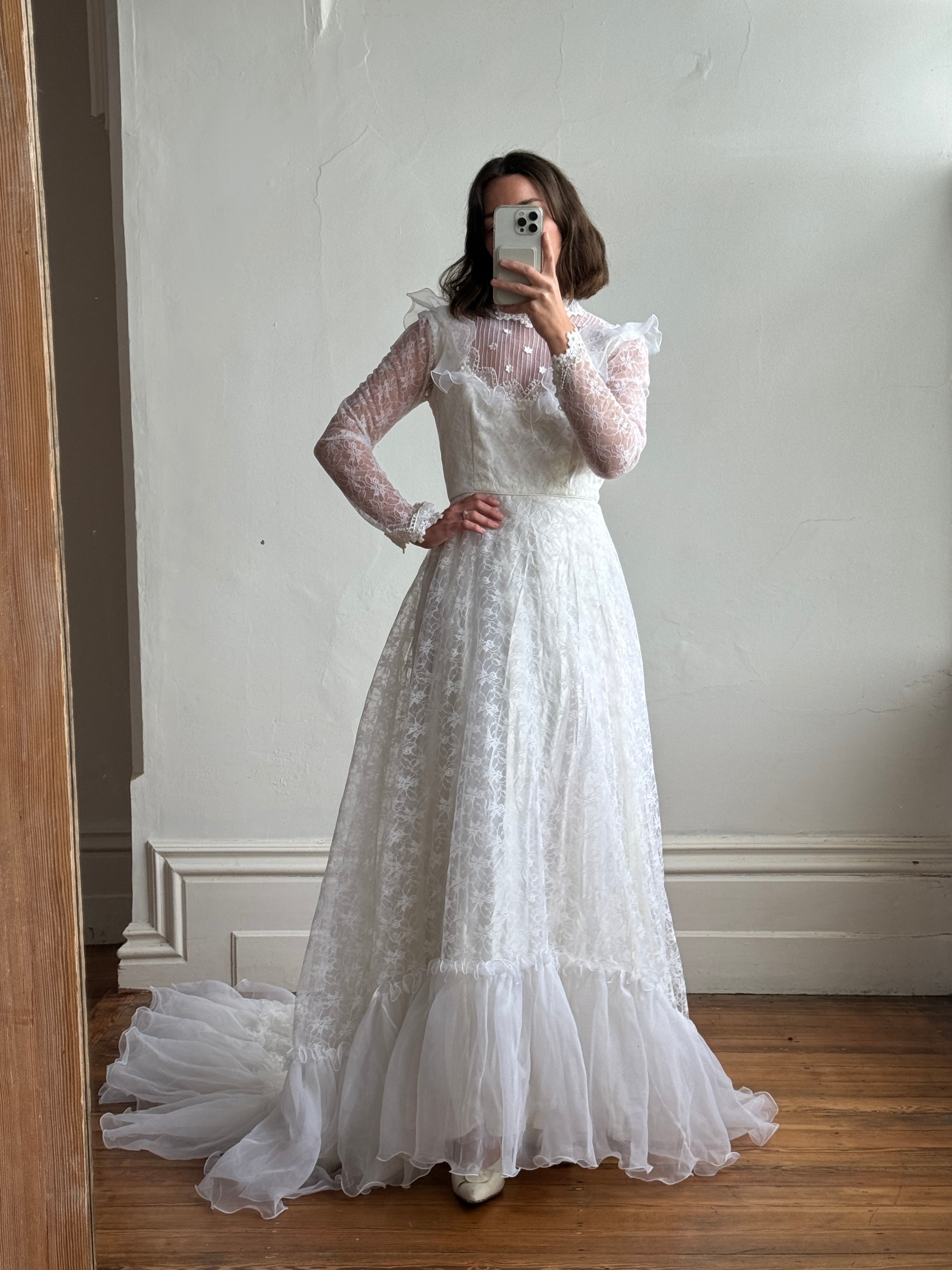 Vintage 70s Embroidered Lace Wedding Gown With Train