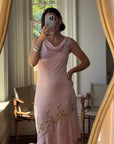 Vintage 90s Pure Silk Beaded Dress Baby Pink