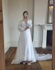 Vintage 60s Chiffon Floral Applique Wedding Gown with Sheer Daisy Train