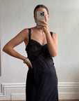 Vintage 80s Black Jersey Lace Slip Midi