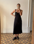 Vintage 80s Black Jersey Lace Slip Midi