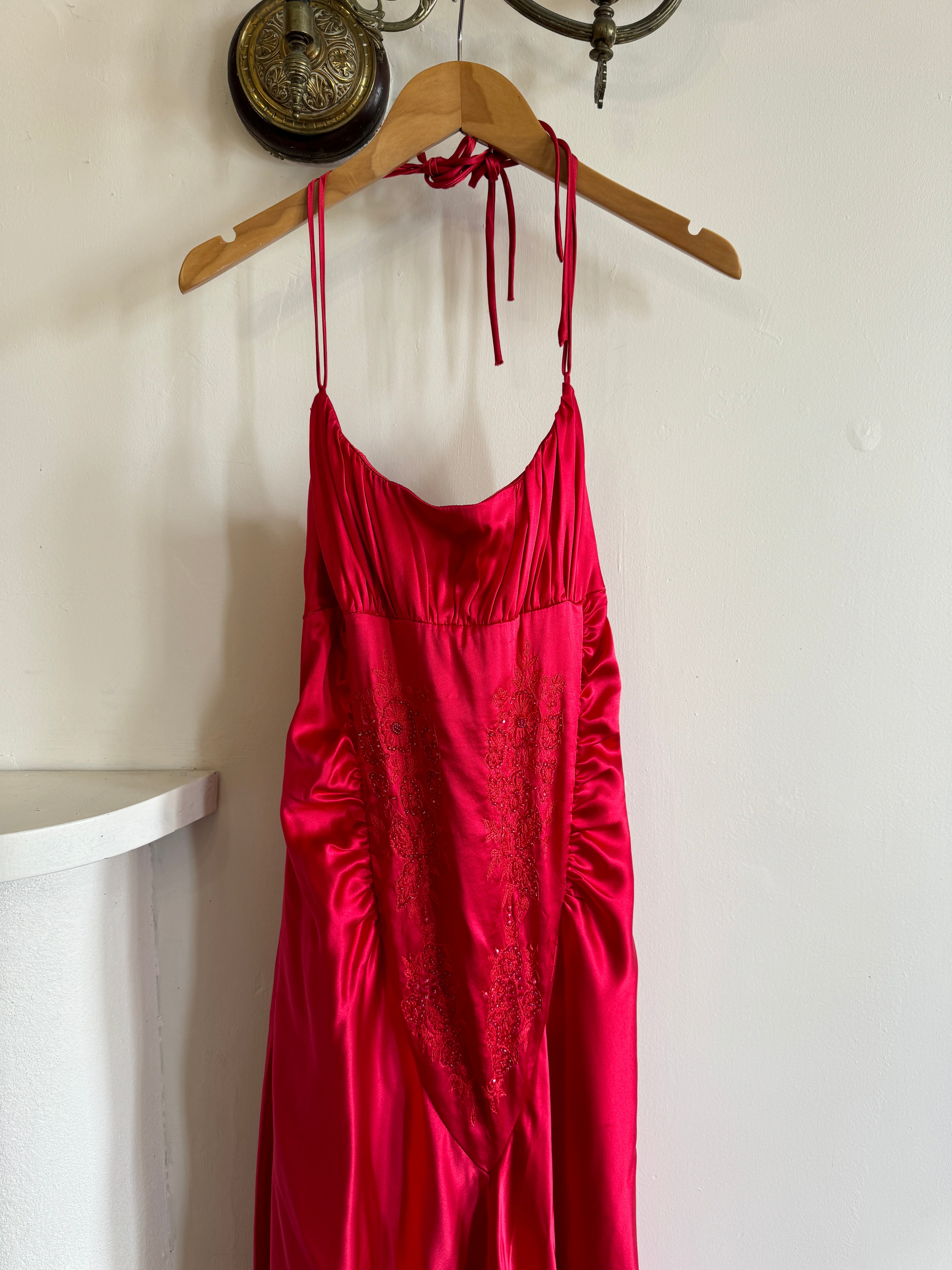 Vintage 90s Pure Silk Beaded Halter Gown Lipstick Red