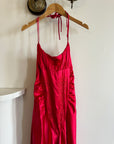 Vintage 90s Pure Silk Beaded Halter Gown Lipstick Red