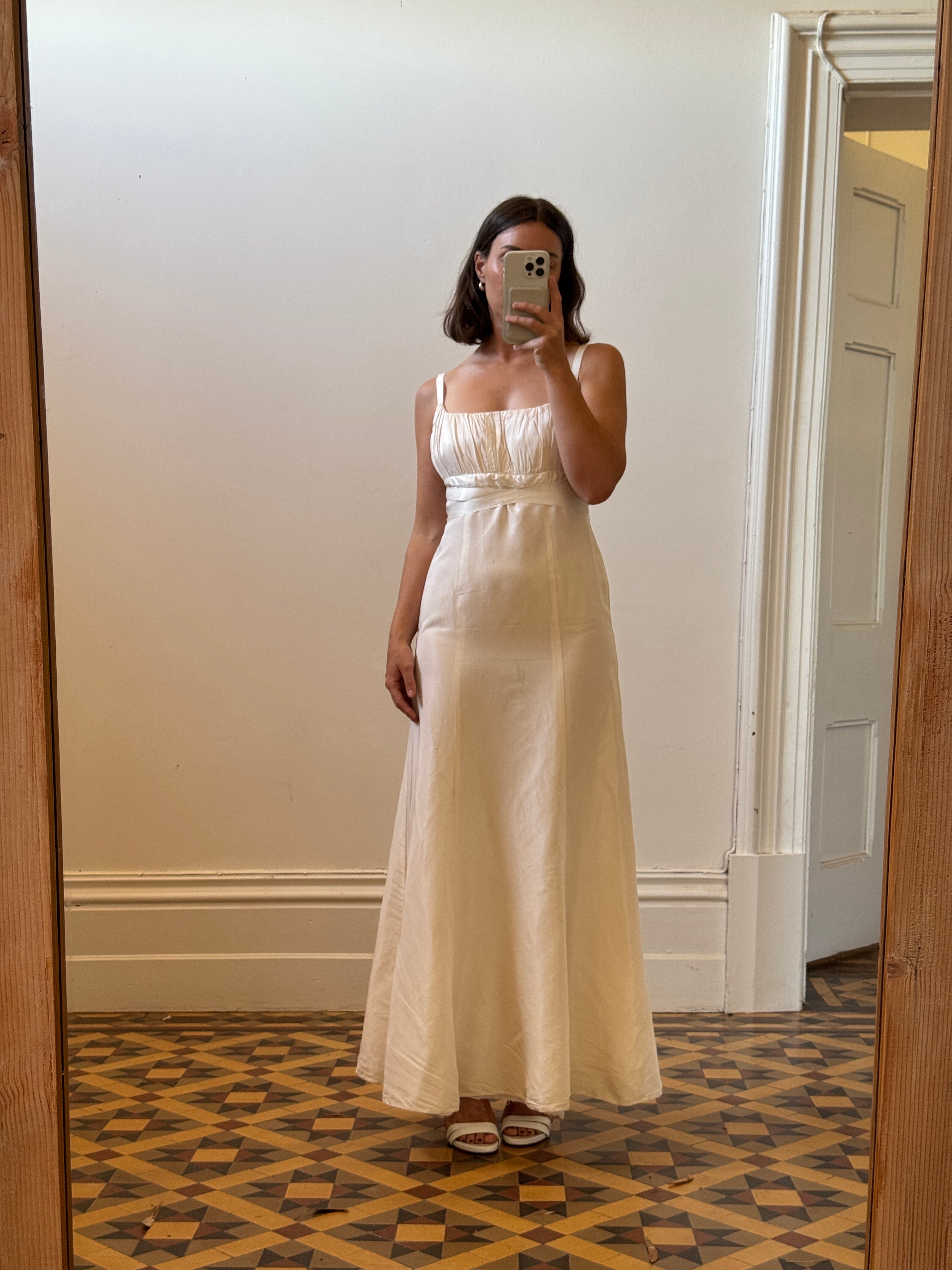 Vintage 90s Ivory Gathered Strappy Gown With Ribbon