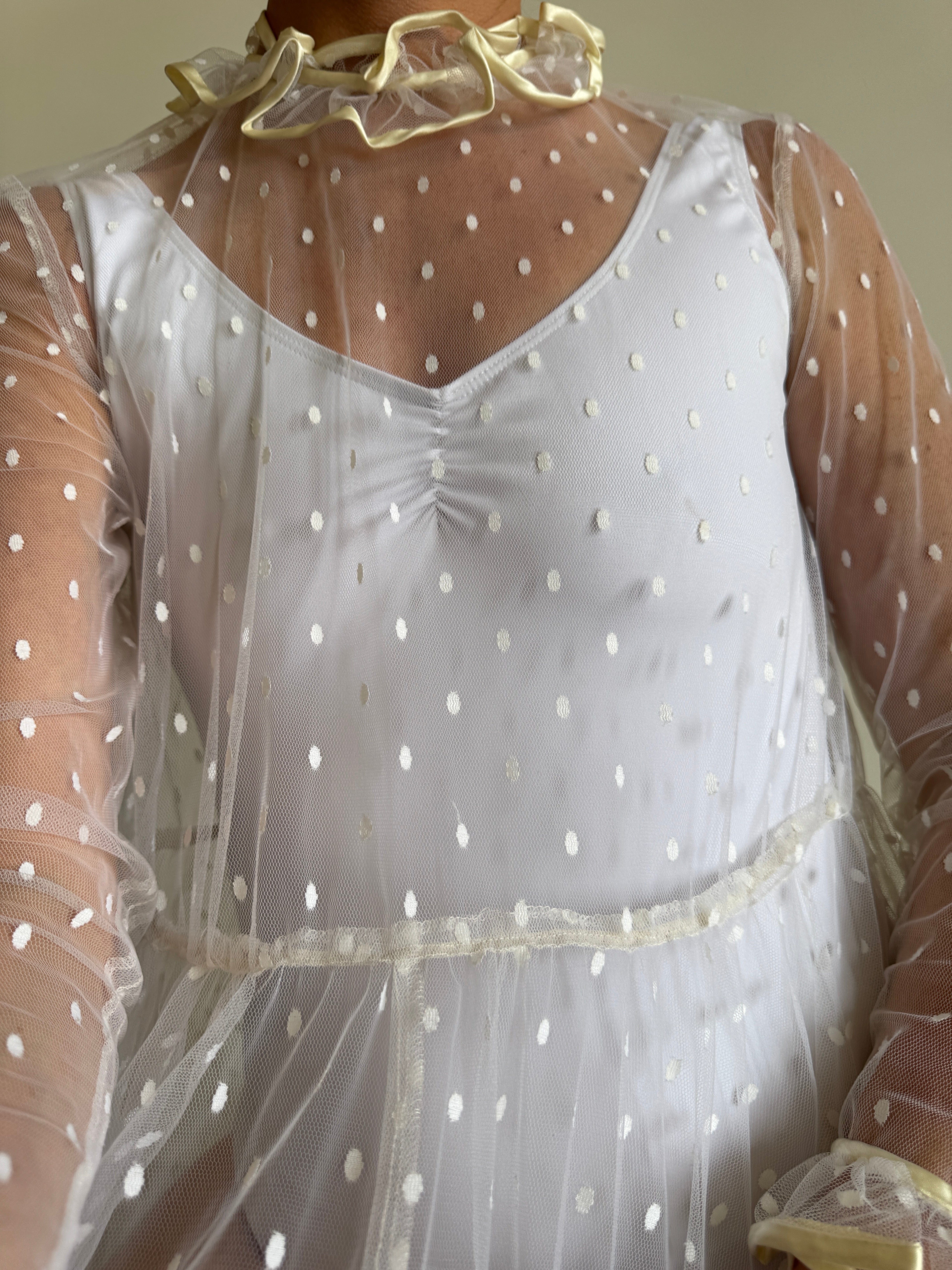 Vintage 70s Sheer Polka Dot Ruffle Bridal Gown