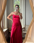 Vintage 90s Pure Silk Beaded Halter Gown Lipstick Red