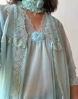 Vintage 50s 4-Piece Peignoir and Slip Set Aqua Lace Rosette