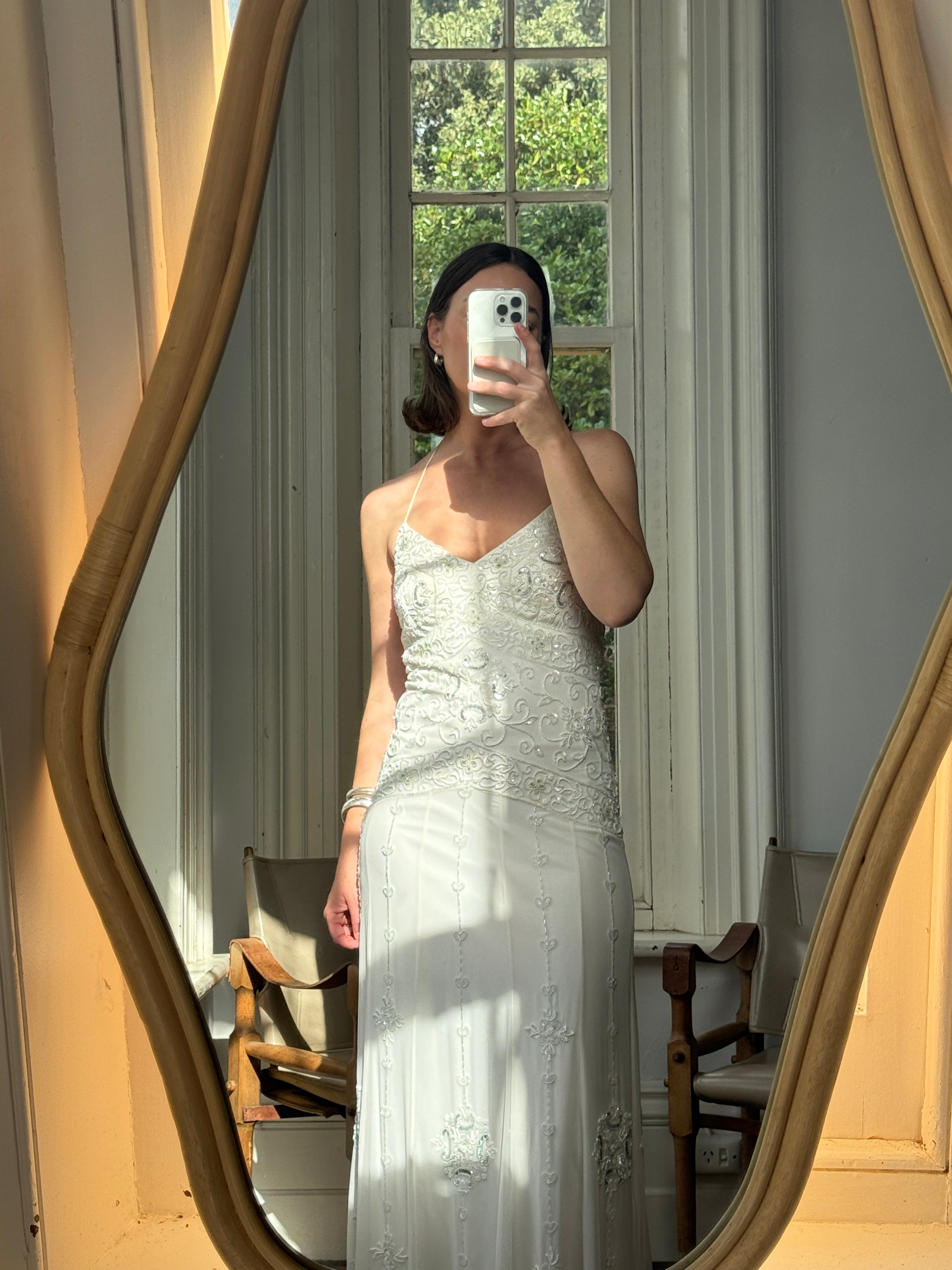 Vintage 90s Pure Silk Beaded Bridal Halter Midi Dress