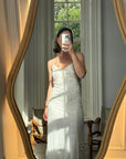 Vintage 90s Pure Silk Beaded Bridal Halter Midi Dress