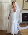 Vintage 70s Short Sleeved Prairie Wedding Dress With Train