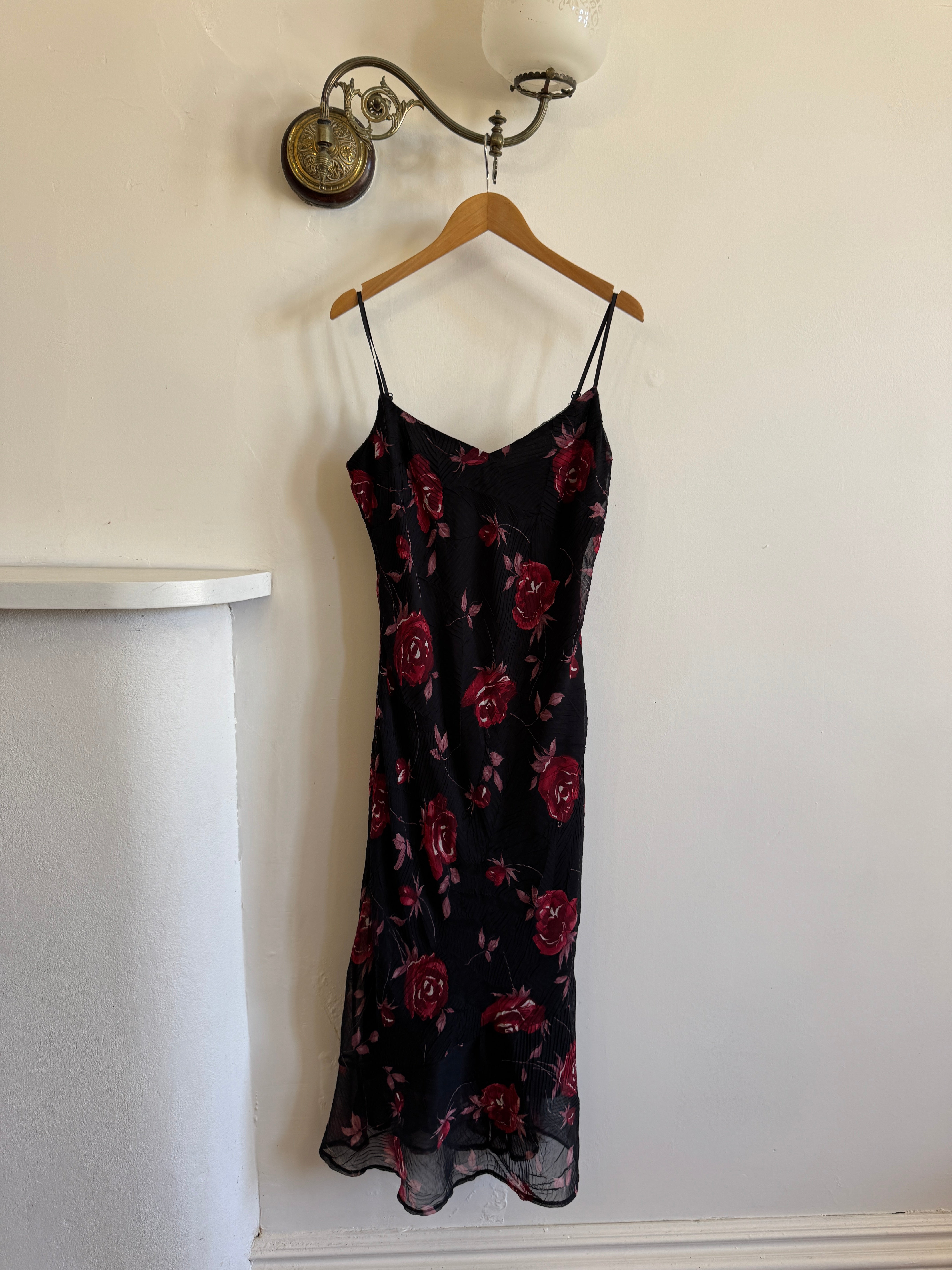 Vintage 90s Black Rose Crinkle Slip Sundress