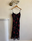 Vintage 90s Black Rose Crinkle Slip Sundress