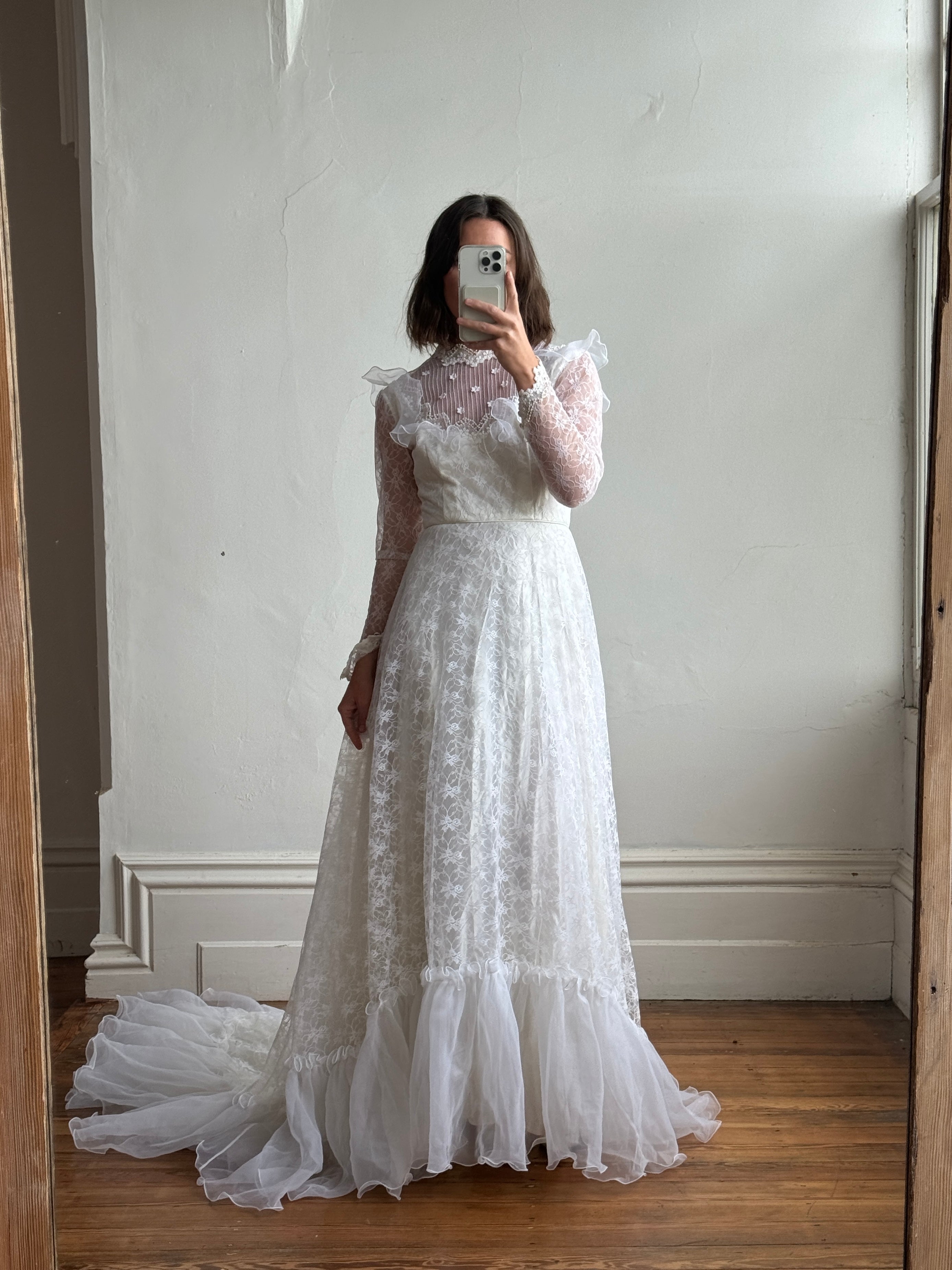 Vintage 70s Embroidered Lace Wedding Gown With Train