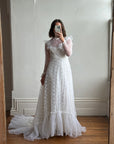 Vintage 70s Embroidered Lace Wedding Gown With Train