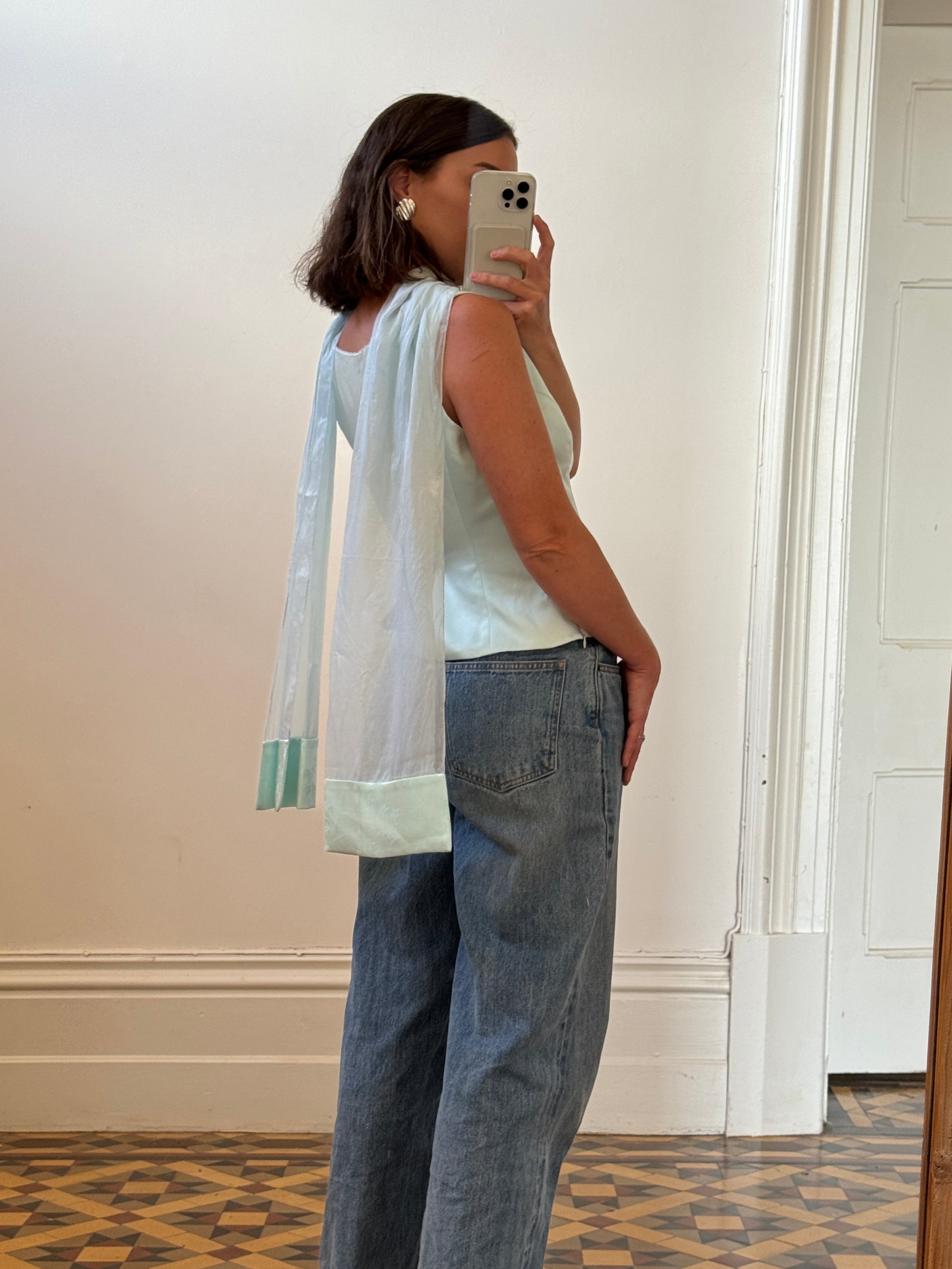 Vintage 90s Ice Blue Satin Tank with Chiffon Scarf