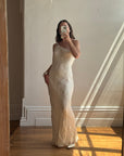 Vintage 90s Pure Silk One Shoulder Bias Cut Beaded Gown Ivory