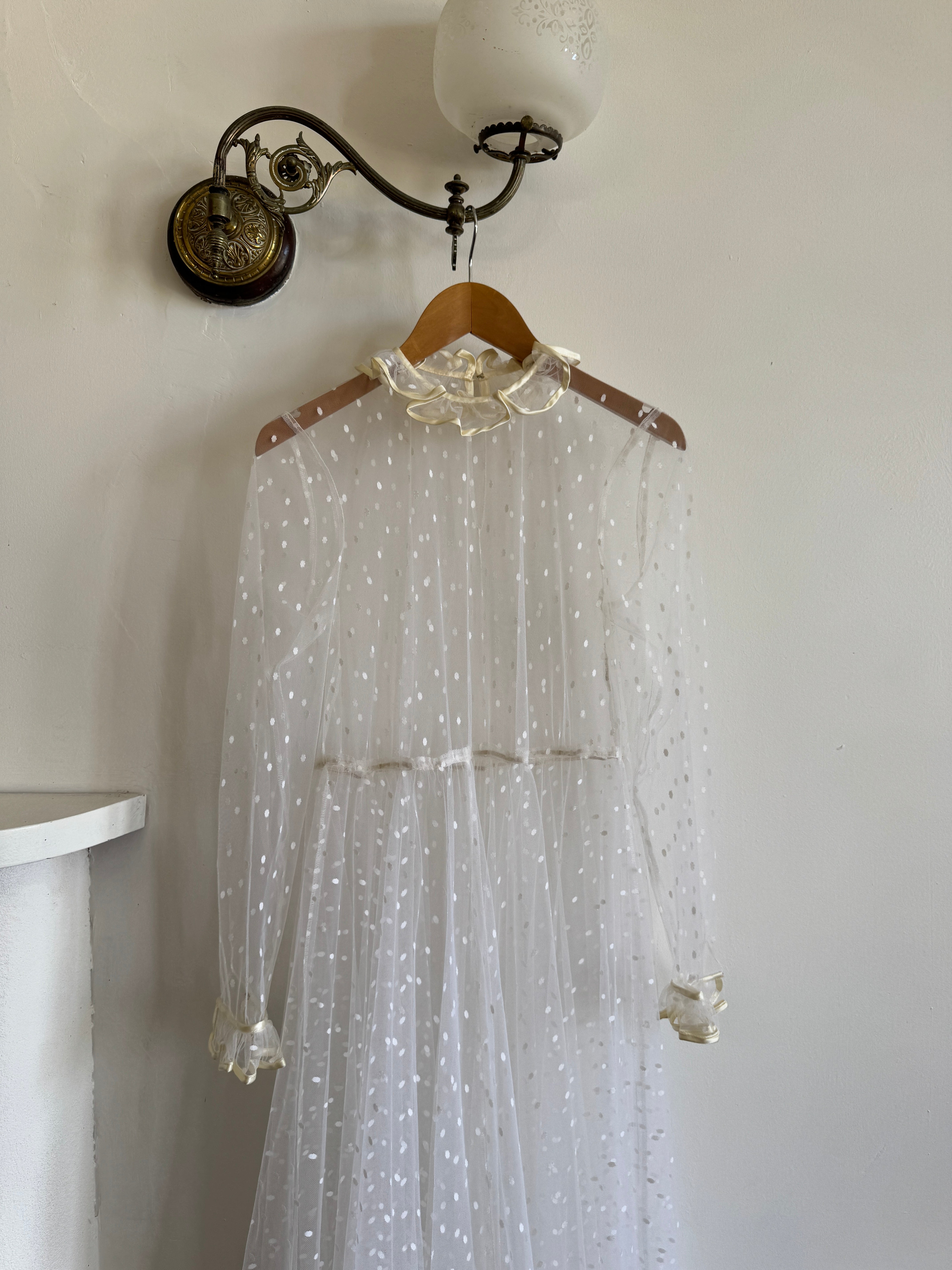 Vintage 70s Sheer Polka Dot Ruffle Bridal Gown