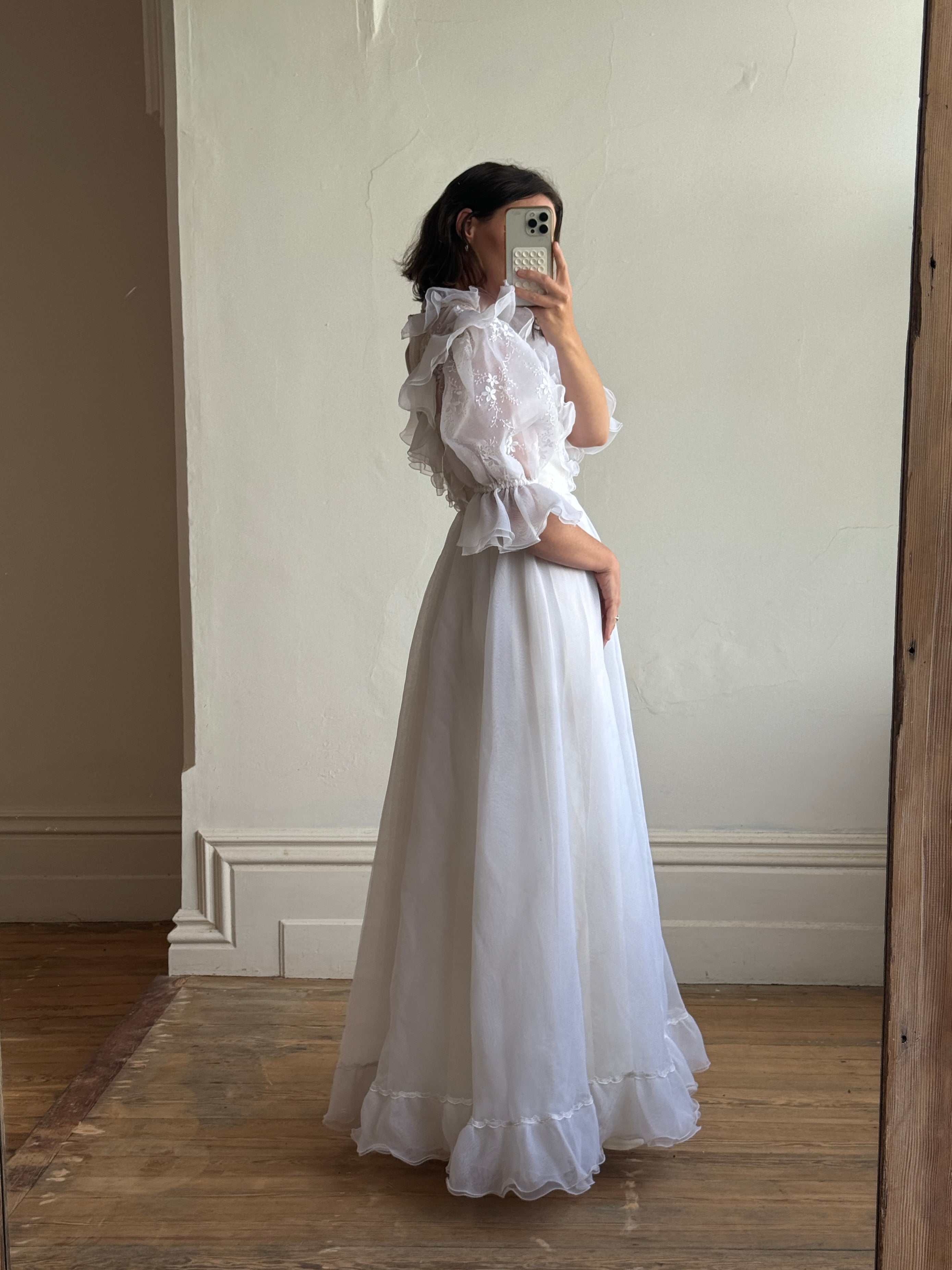 Vintage 80s Ruffled Sheer Organza Wedding Dress