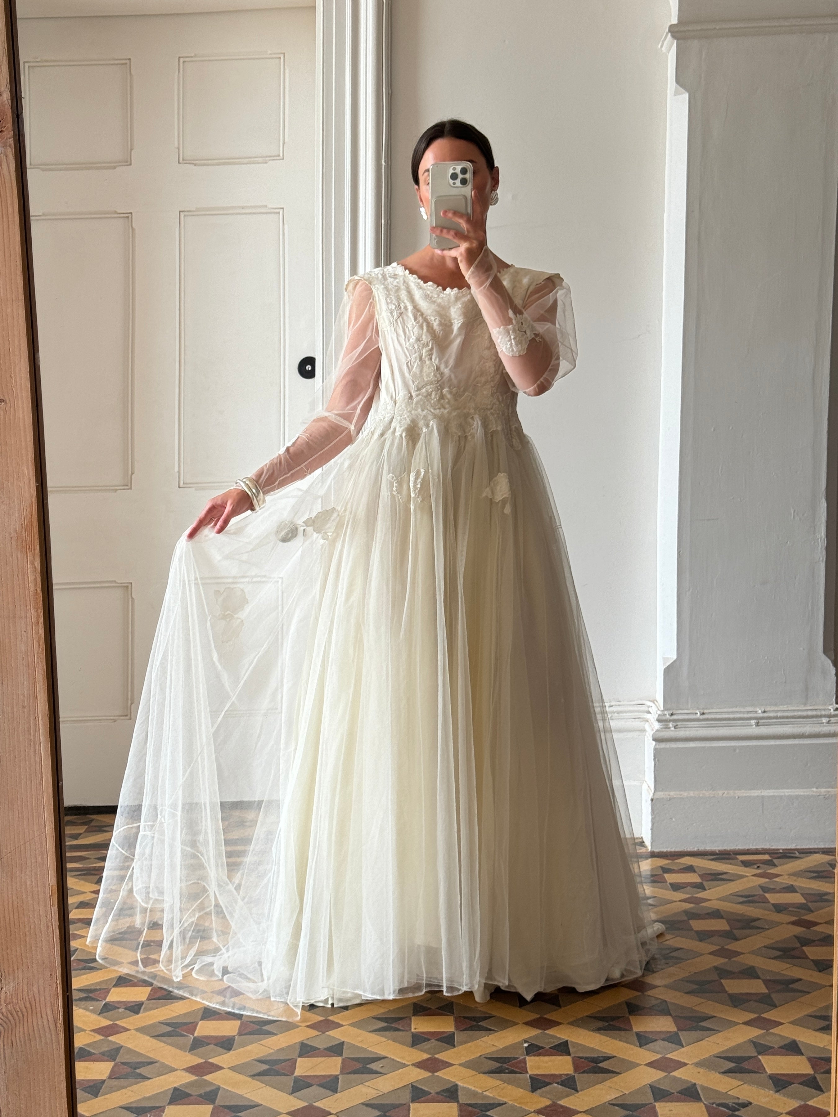 Vintage 70s Tulle and Velvet Long Sleeved Wedding Dress