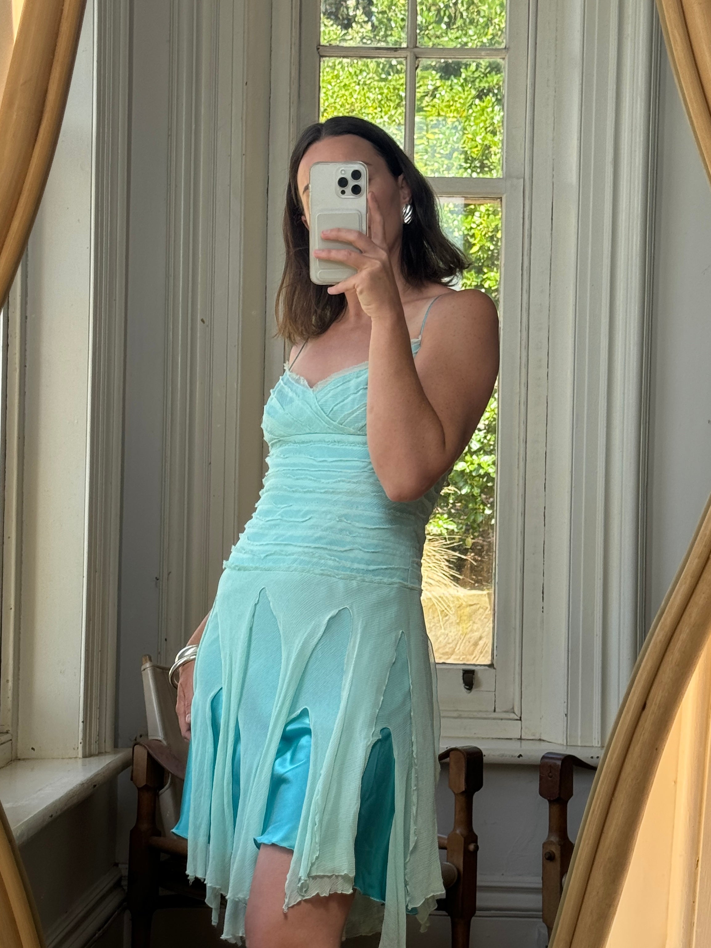 Vintage 90s Pure Silk Fairy Dress Aqua