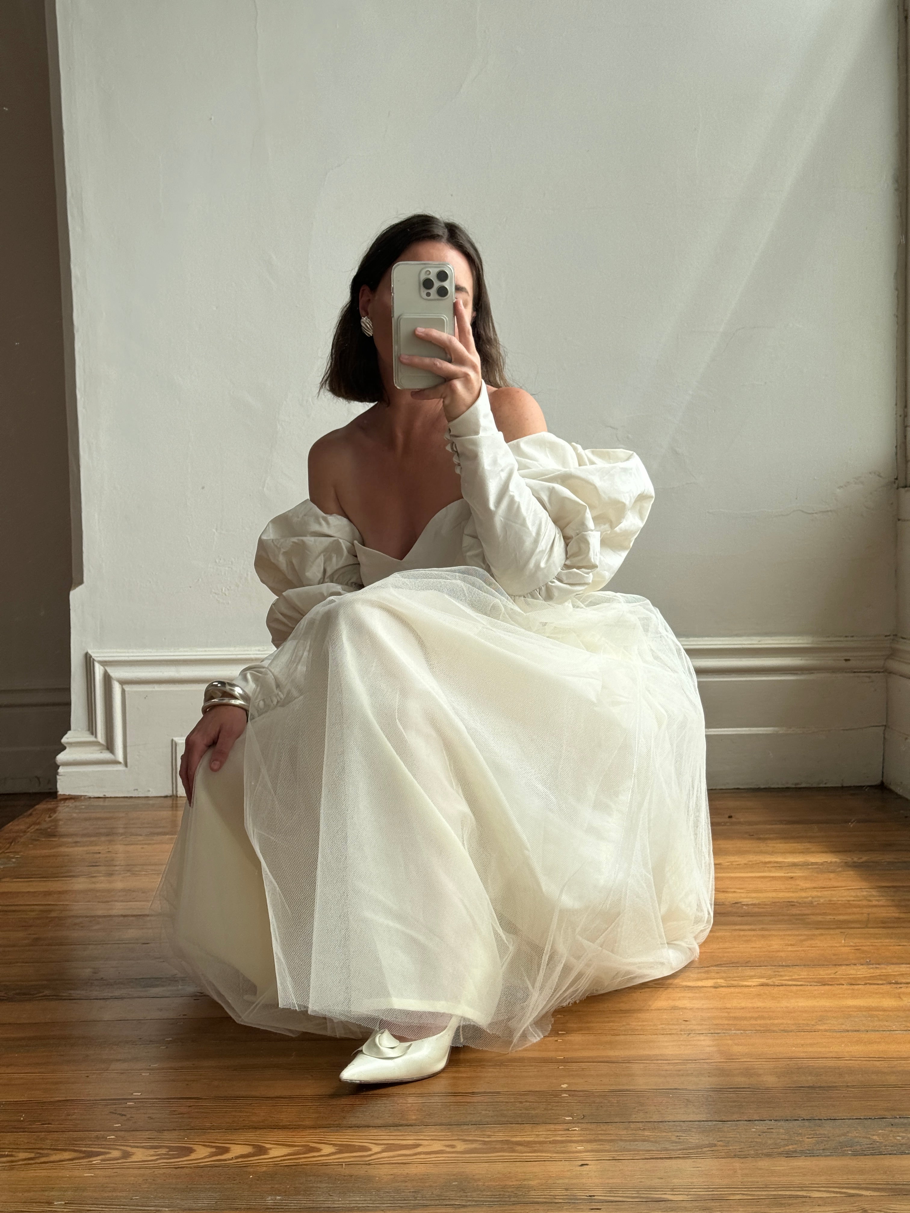 Vintage 80s Pure Silk and Tulle Off Shoulder Wedding Dress