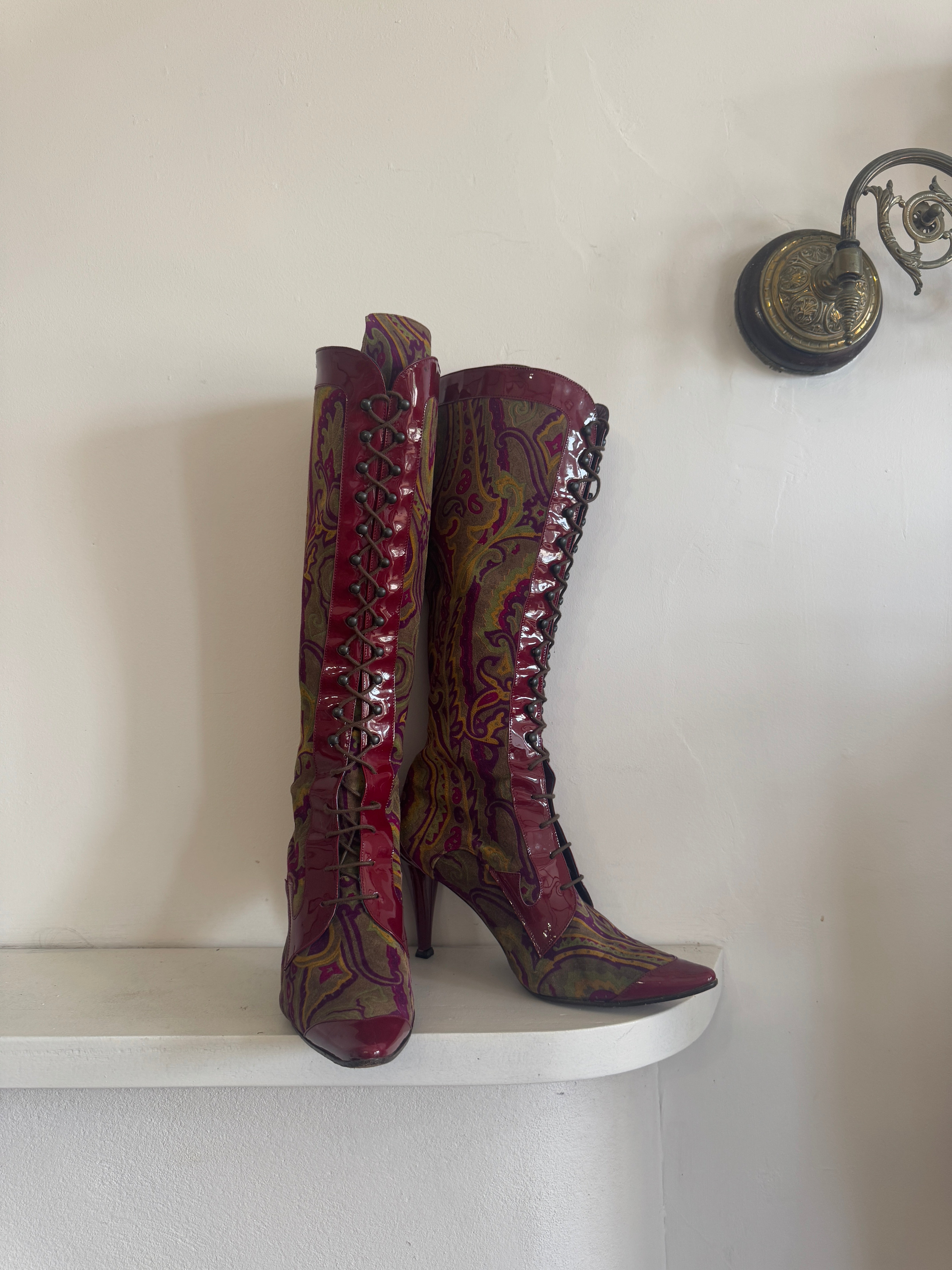 Vintage Etro Tapestry Lace Up Pointed Boots