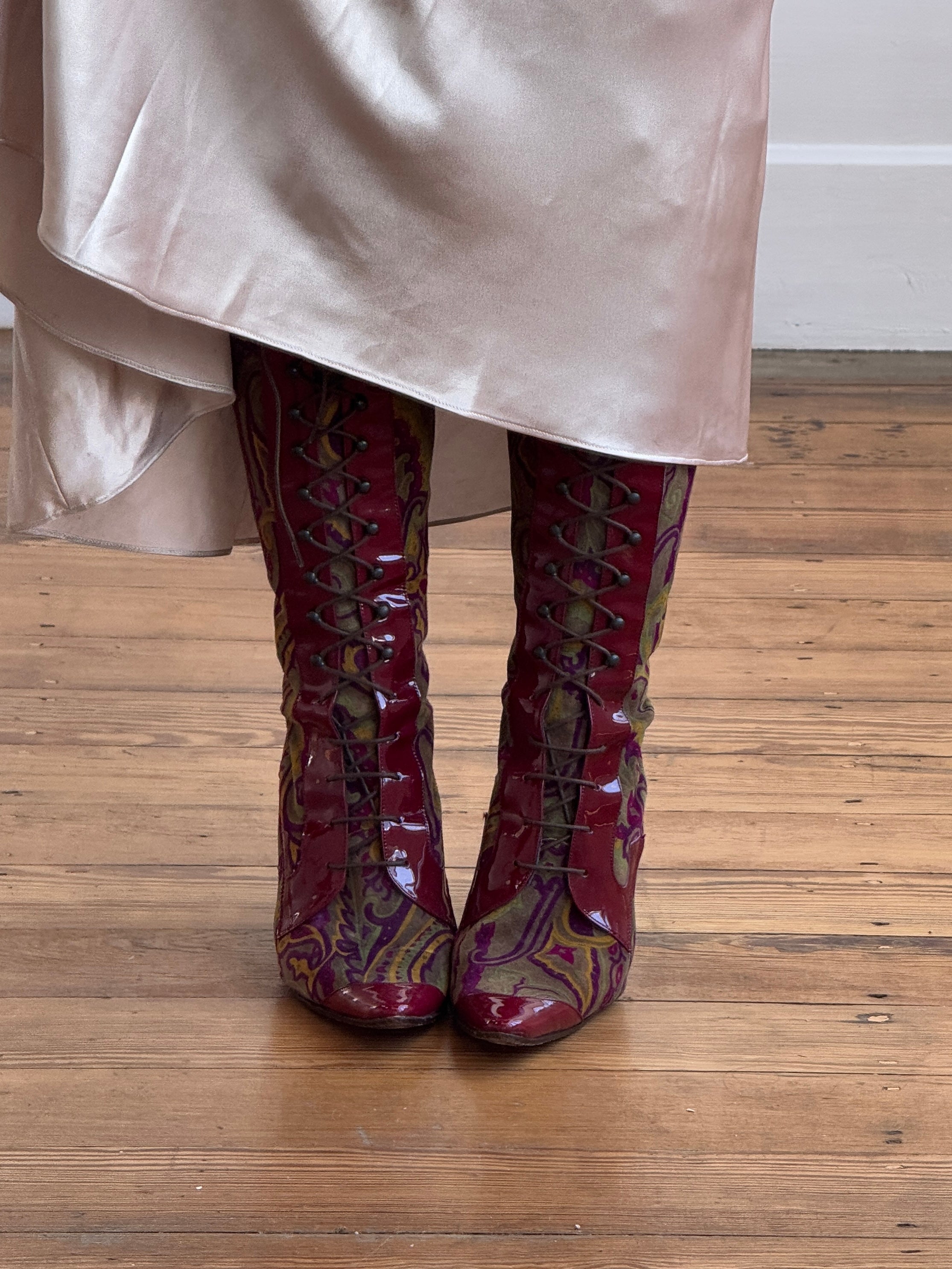 Vintage Etro Tapestry Lace Up Pointed Boots