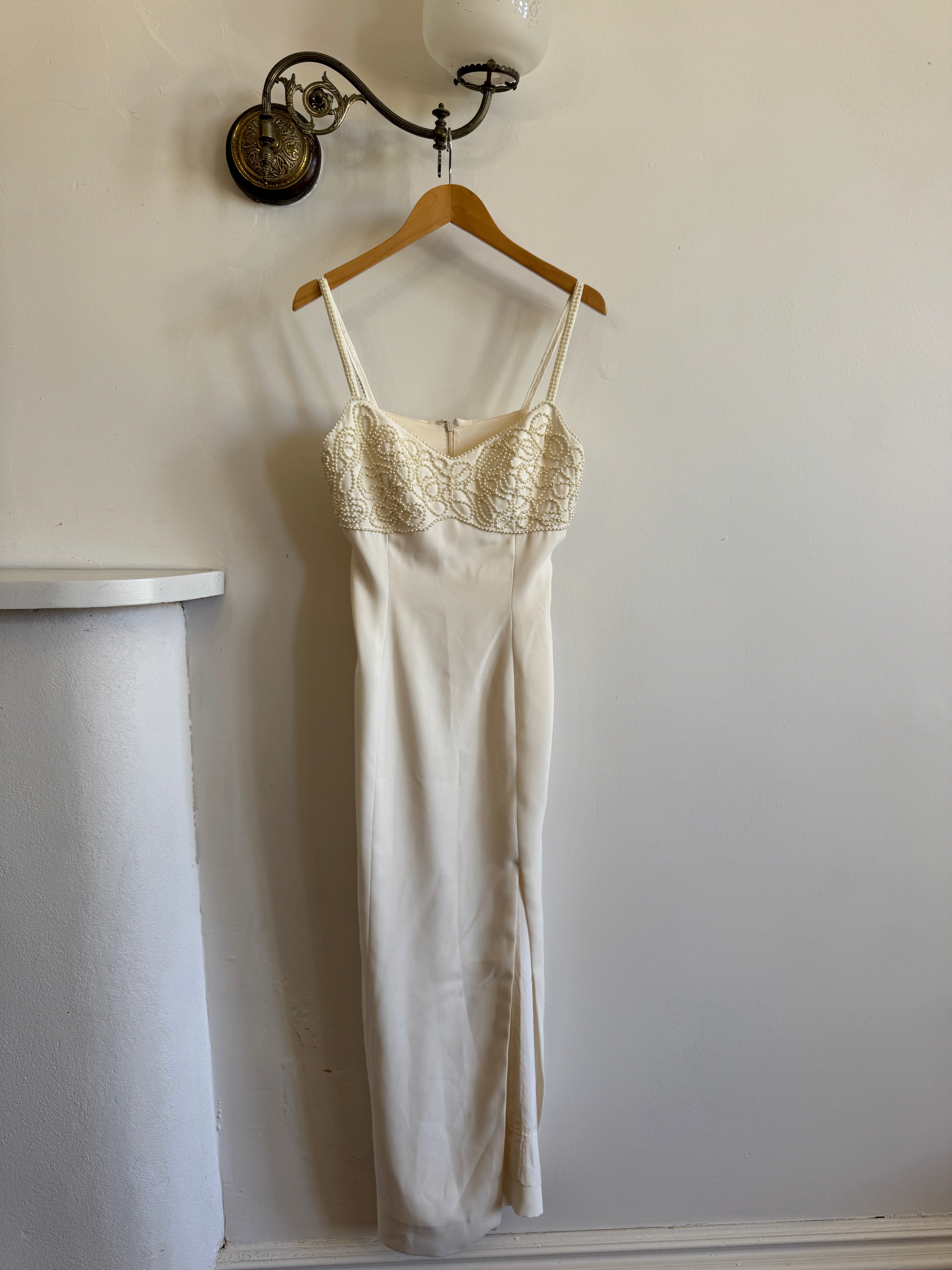 Vintage 90s Pearl Crepe Bridal Midi with Split