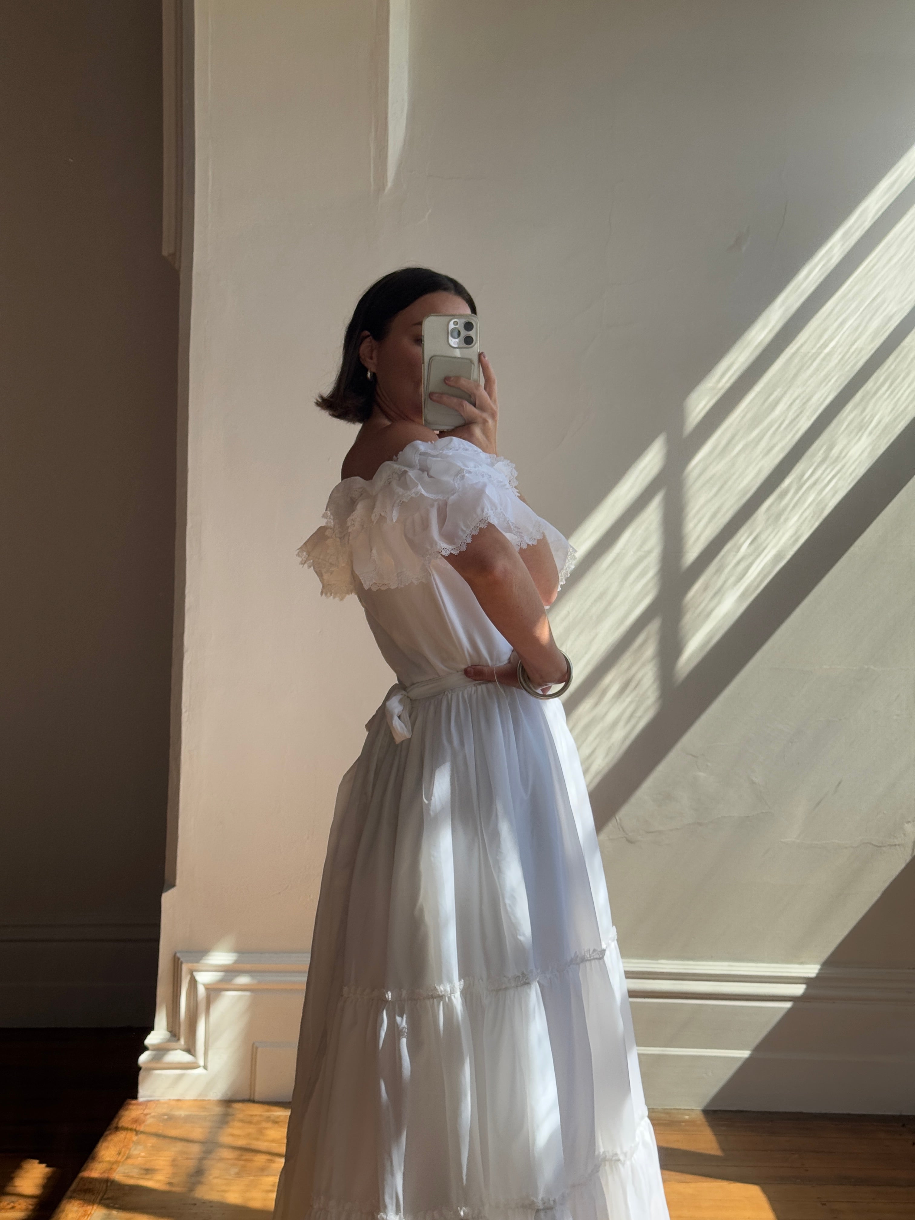 Vintage 70s Ruffled Tie Waist Wedding Dress