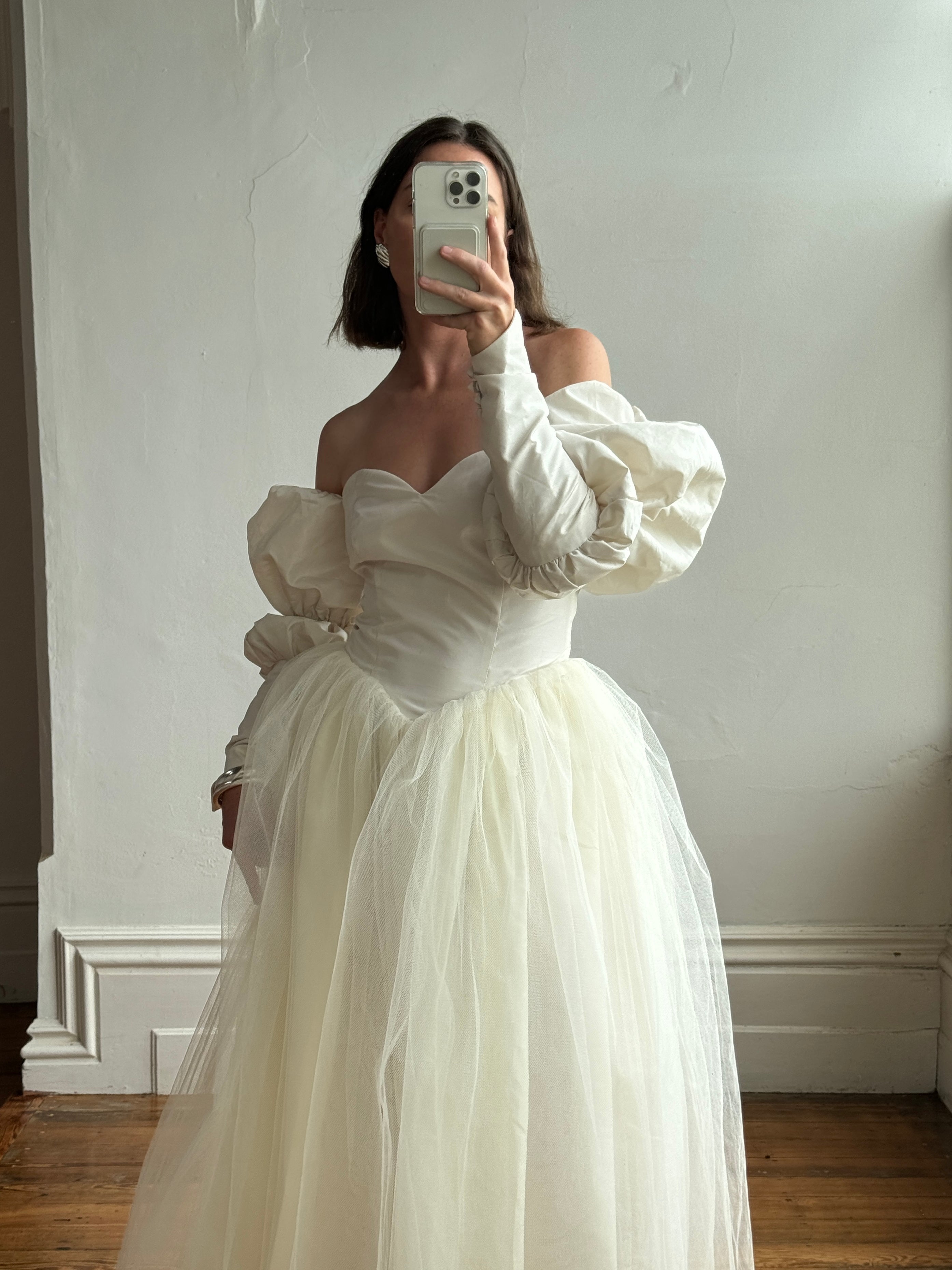 Vintage 80s Pure Silk and Tulle Off Shoulder Wedding Dress