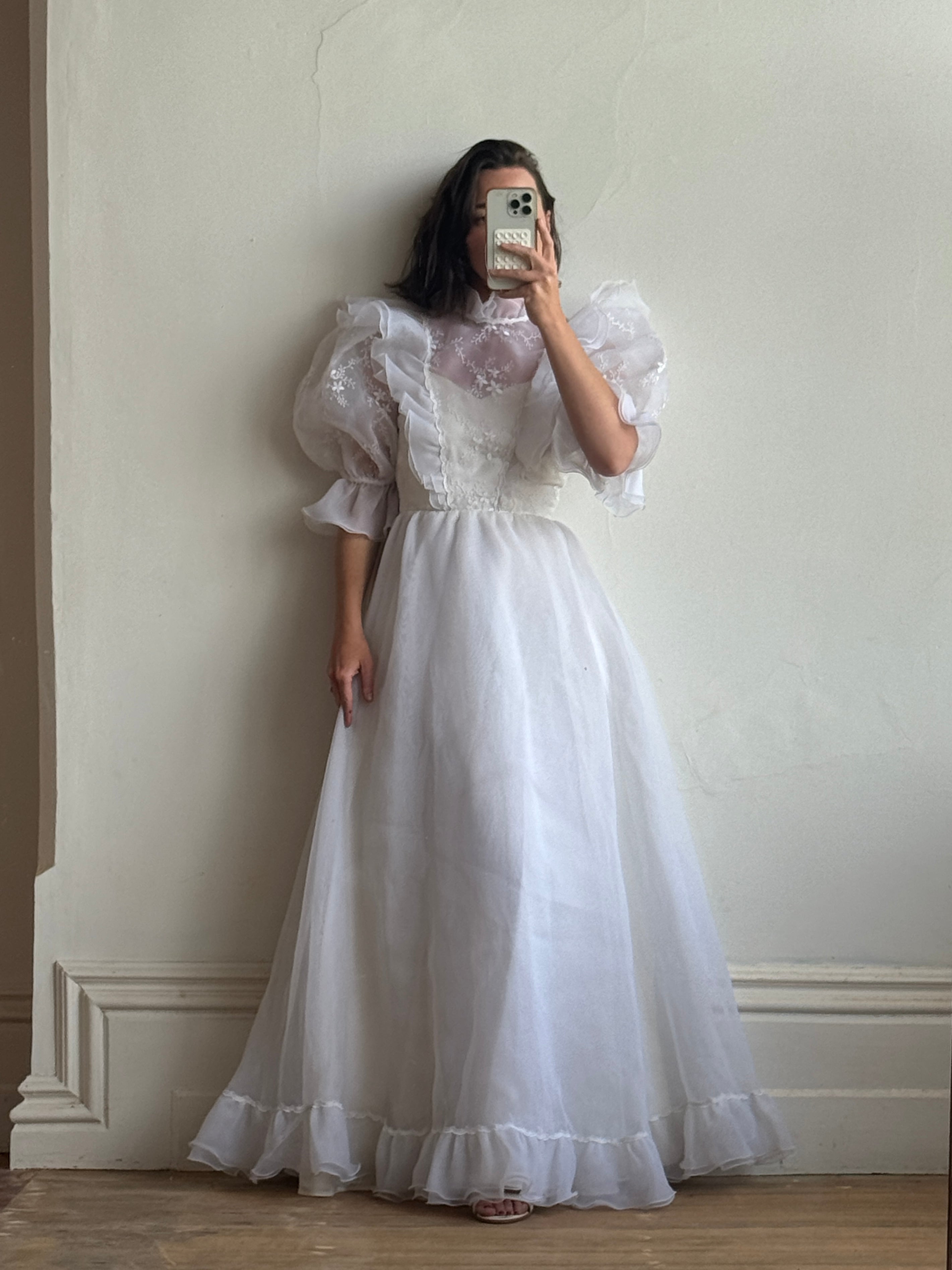 Vintage 80s Ruffled Sheer Organza Wedding Dress