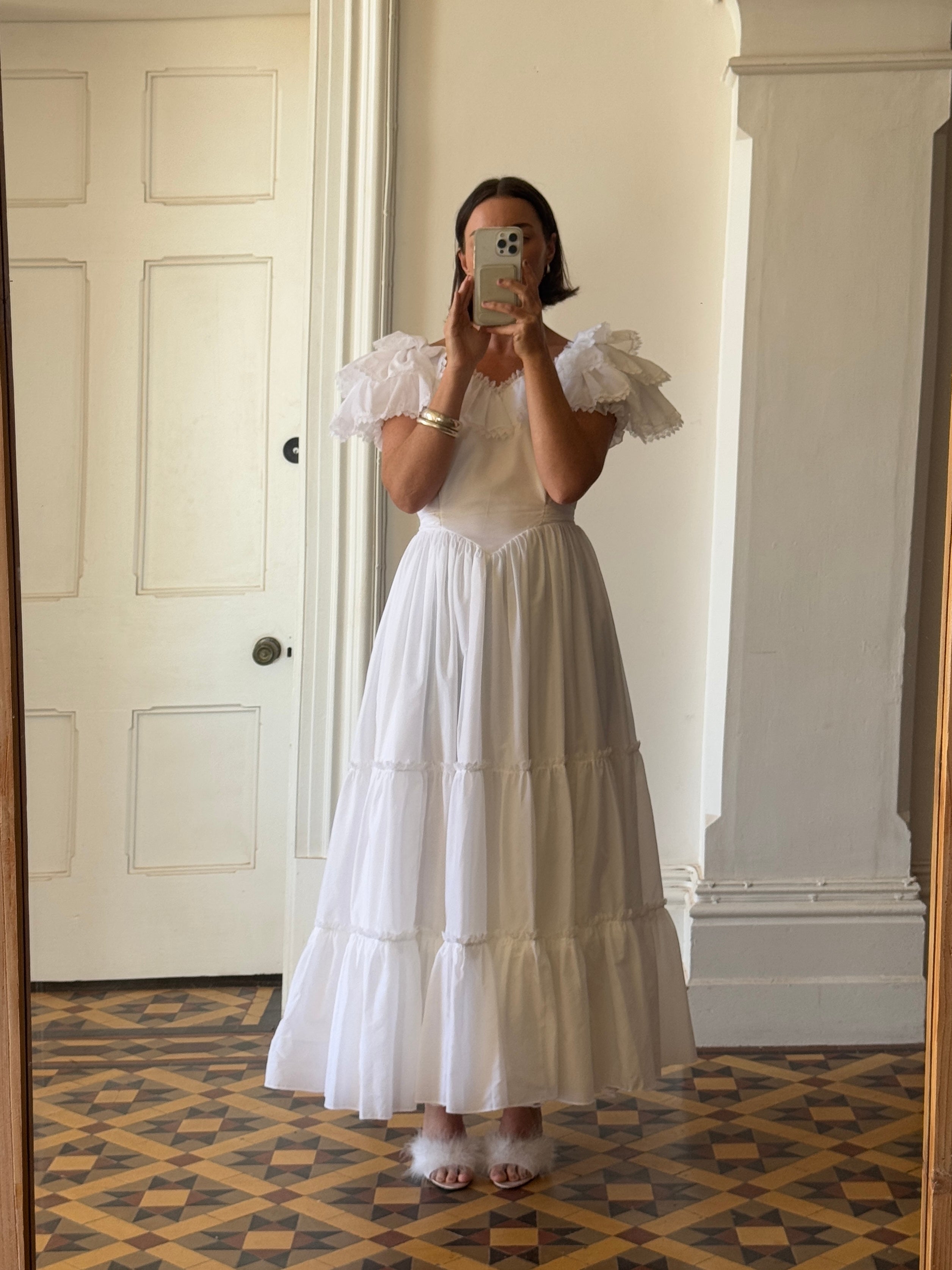 Vintage 70s Ruffled Tie Waist Wedding Dress