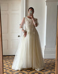 Vintage 70s Tulle and Velvet Long Sleeved Wedding Dress