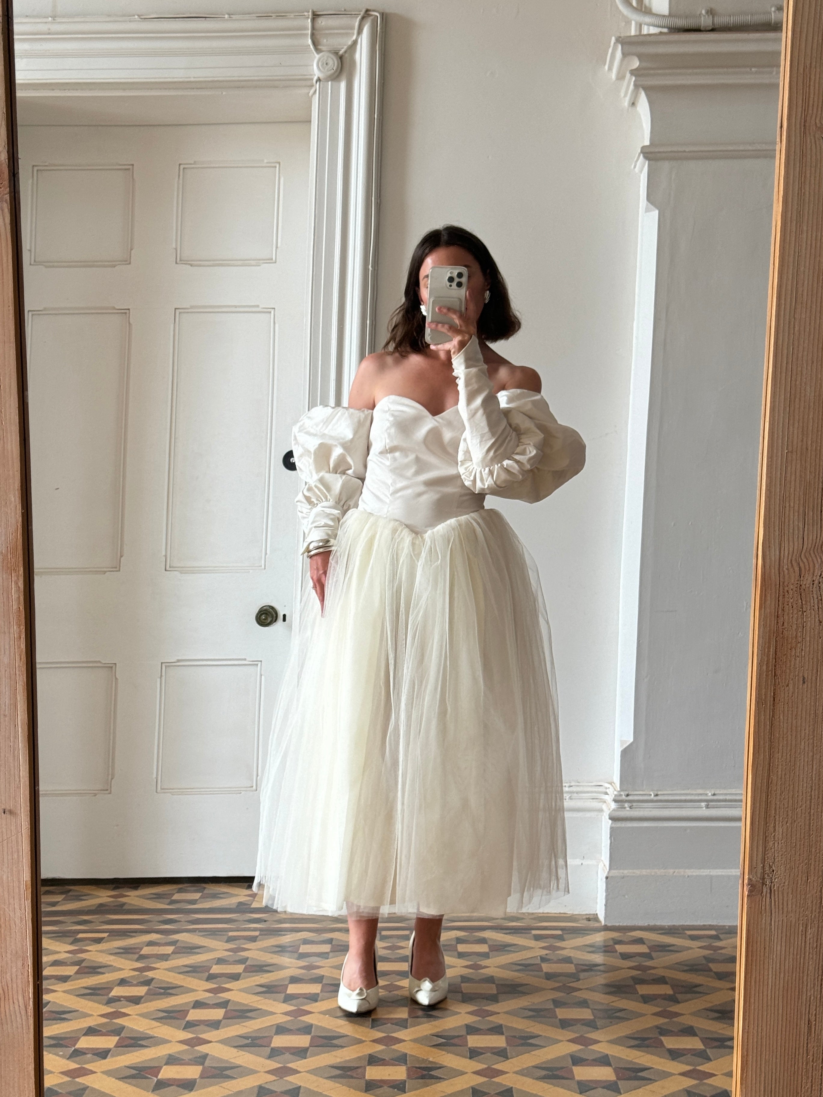 Vintage 80s Pure Silk and Tulle Off Shoulder Wedding Dress