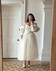 Vintage 80s Pure Silk and Tulle Off Shoulder Wedding Dress