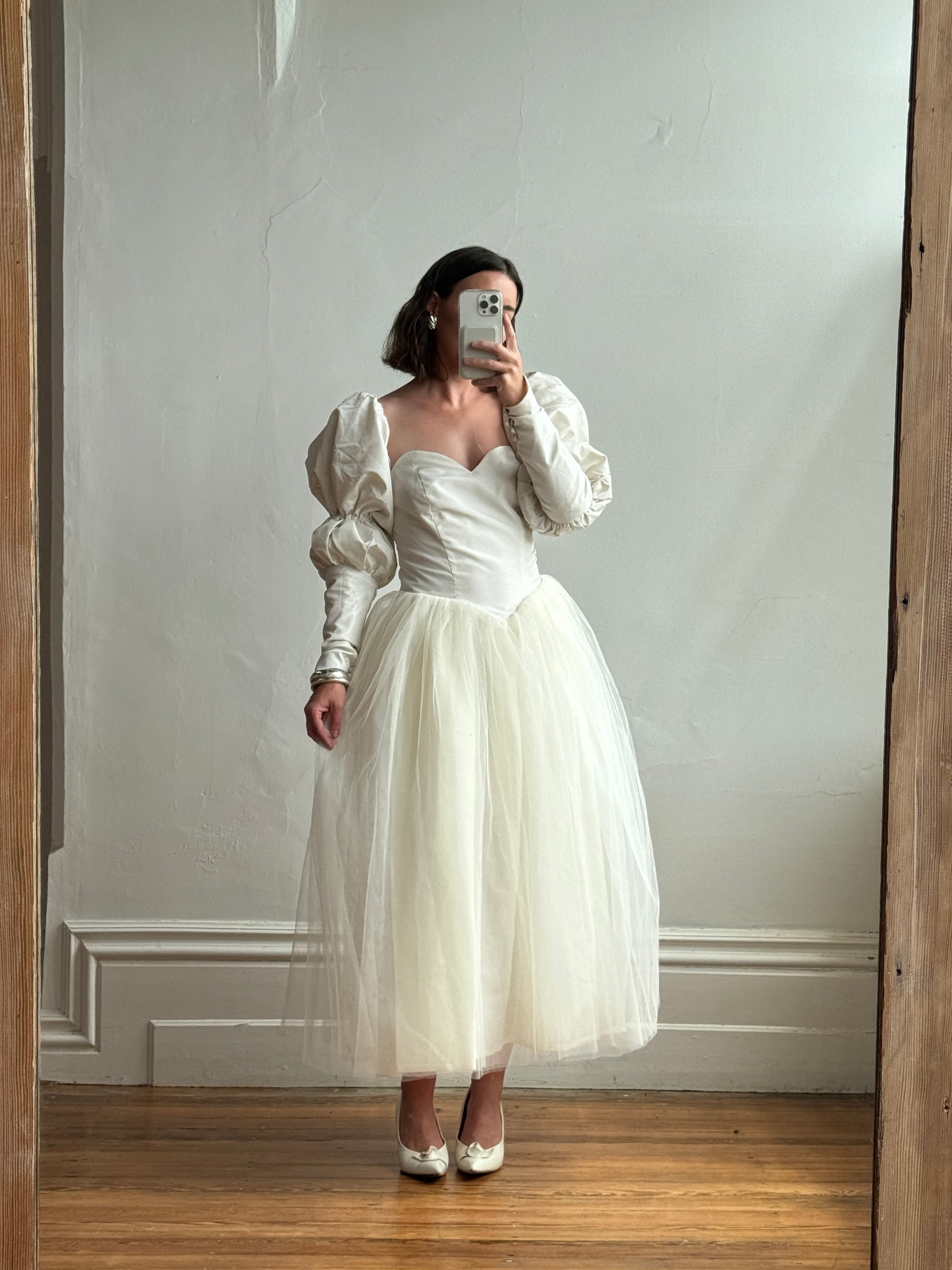 Vintage 80s Pure Silk and Tulle Off Shoulder Wedding Dress