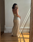 Vintage 90s Pure Silk One Shoulder Bias Cut Beaded Gown Ivory