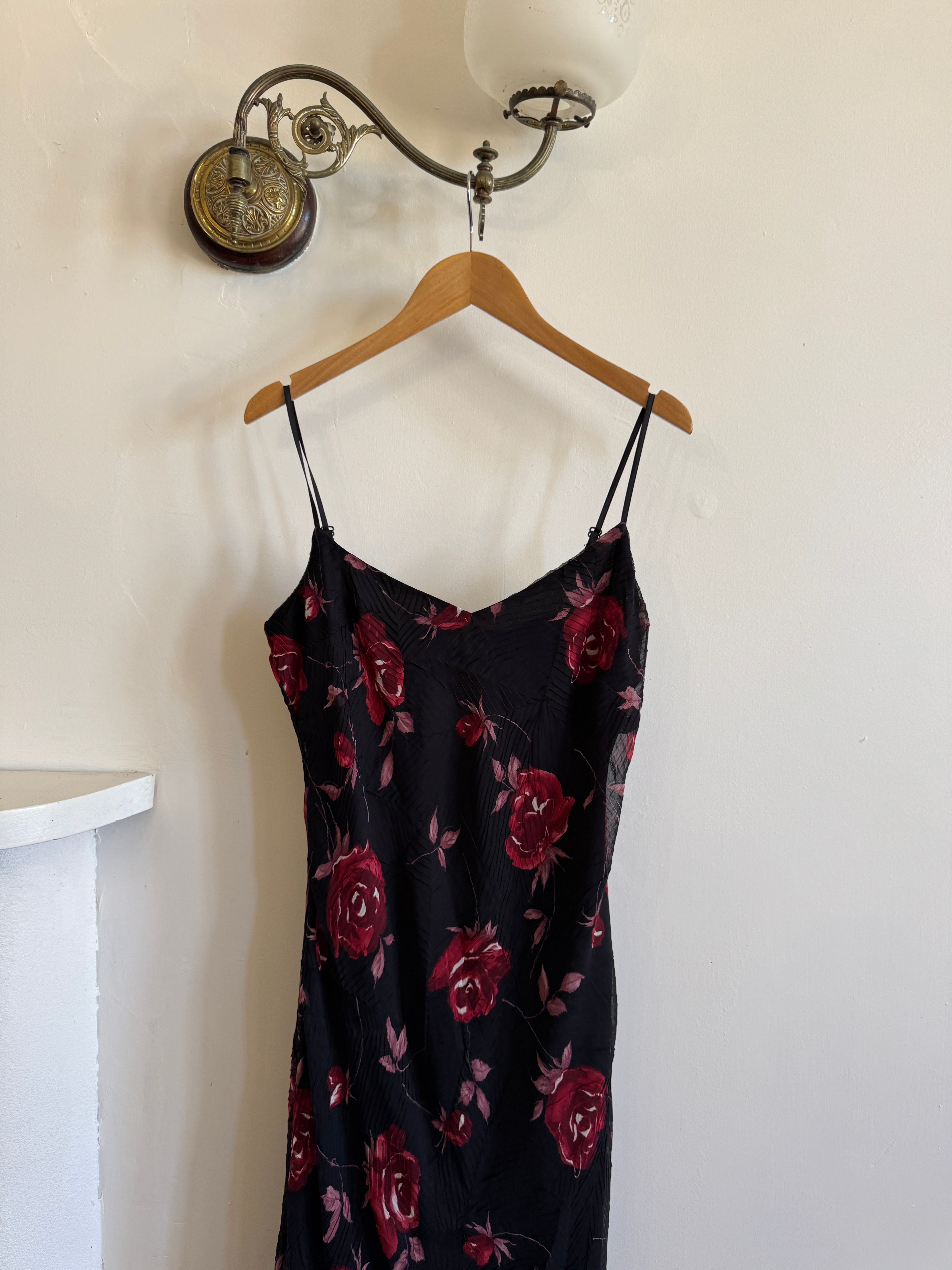 Vintage 90s Black Rose Crinkle Slip Sundress