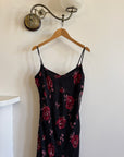 Vintage 90s Black Rose Crinkle Slip Sundress